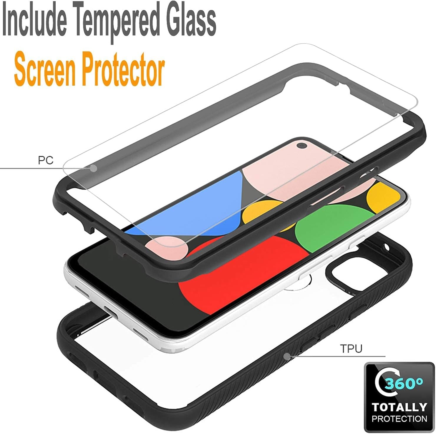 Circlemalls- Google Pixel 4A Case, [Not Fit Pixel 4A 5G/Pixel 4] with [Tempered Glass Screen Protector Included], 12 Feet Drop Test Proof Clear Durable Armor Protective Phone Cover - Black  Circlemalls   