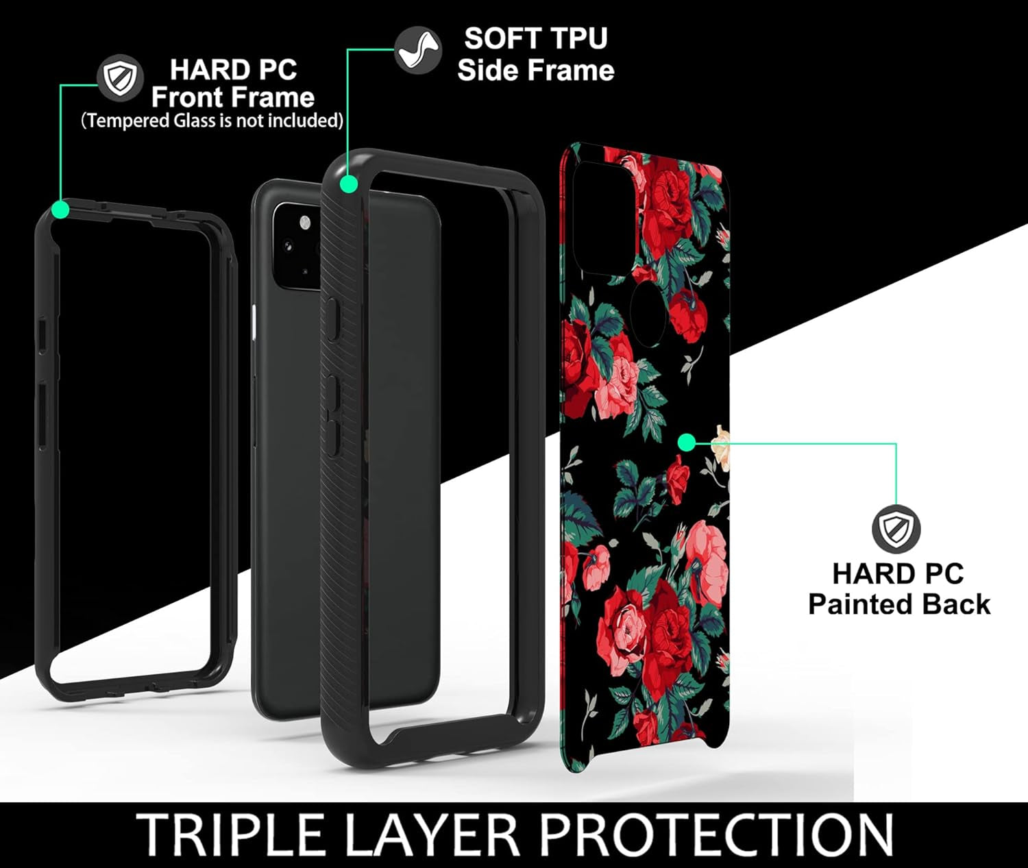 MGAH Pixel 4A 5G Case with Roses Design,Google Pixel 4A 5G Phone Case,Hybrid Triple Layer Armor Protective Cover Flexible Sturdy Anti-Scratch Shockproof Cute Case for Women and Girls-Flowers/Black  MGAH   