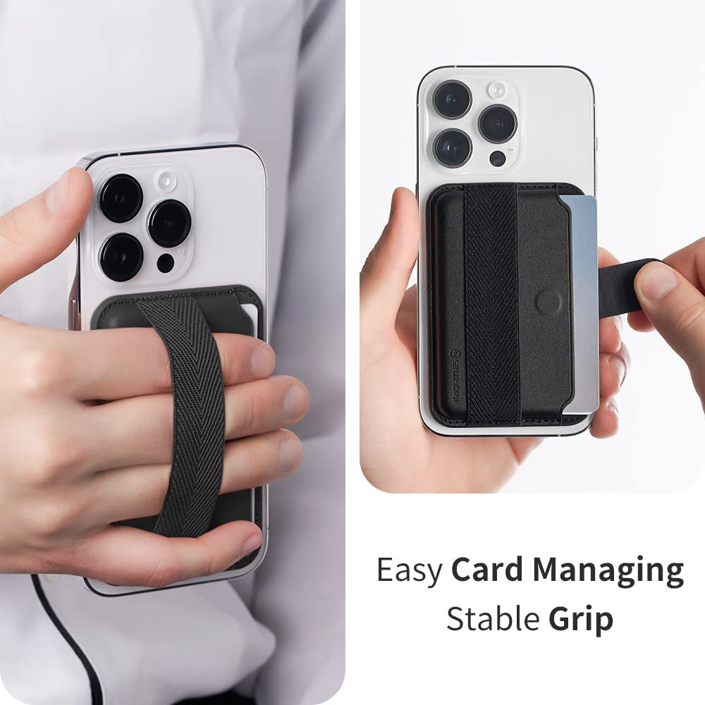 Sinjimoru Comb-Pattern Phone Grip Wallet for Magsafe, Vegan Leather Magnetic Cell Phone Card Holder & Wool Band Strap as Credit Card Case for Iphone 12 13 14 plus Pro Max. M-Pull Tab Band Black  Sinjimoru Co.Ltd   