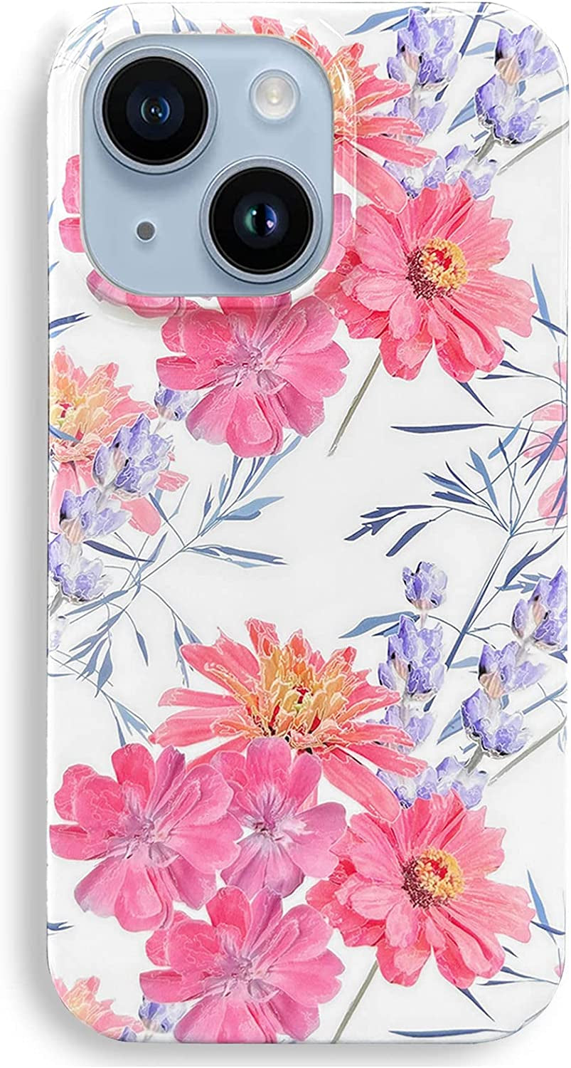 J.West Compatible with Iphone 14 Case Soft Shockproof Cute Floral Phone Protective Cover for Women, Garden Flower Pattern Design Slim Fit Anti-Scratch 6.1" Phone Case for Girl  J.west Purple Pink  