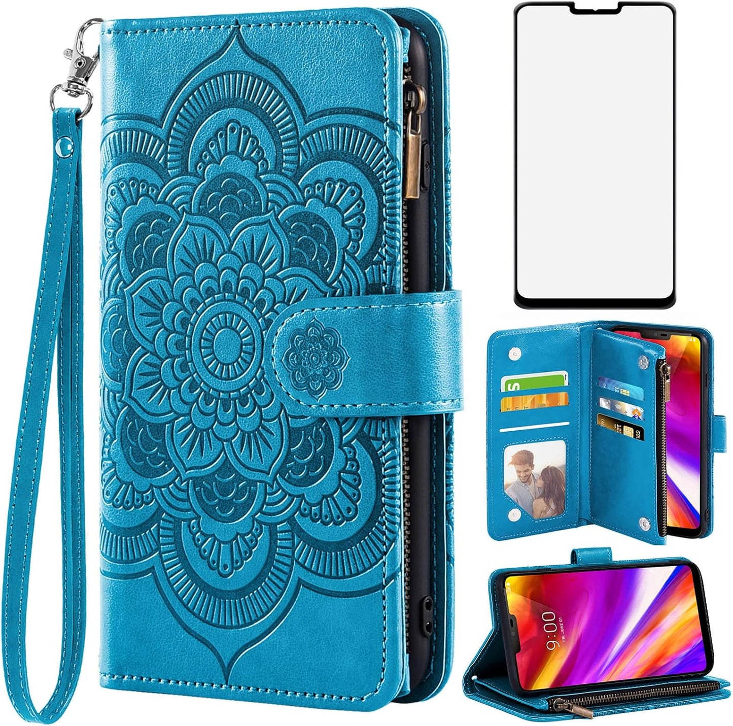 Asuwish Compatible with LG G7 Thinq Wallet Case and Tempered Glass Screen Protector Flip Card Holder Cell Phone Cover for LGG7 One G 7 plus LG7 Fit Lg7Thinq 7G Thin Q G7+ G7Thinq Lgg7Thinq Men Blue  Asuwish   