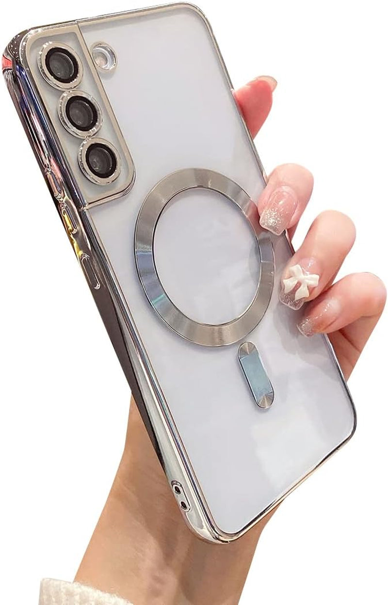 Threehundred for Samsung Galaxy S22 plus Case Magnetic Clear with Camera Lens Protector Full Protection Magsafe Electroplated Silicone Slim Fit Shockproof Protective Case Cover 6.6 Inch - Pink  Threehundred Silver  