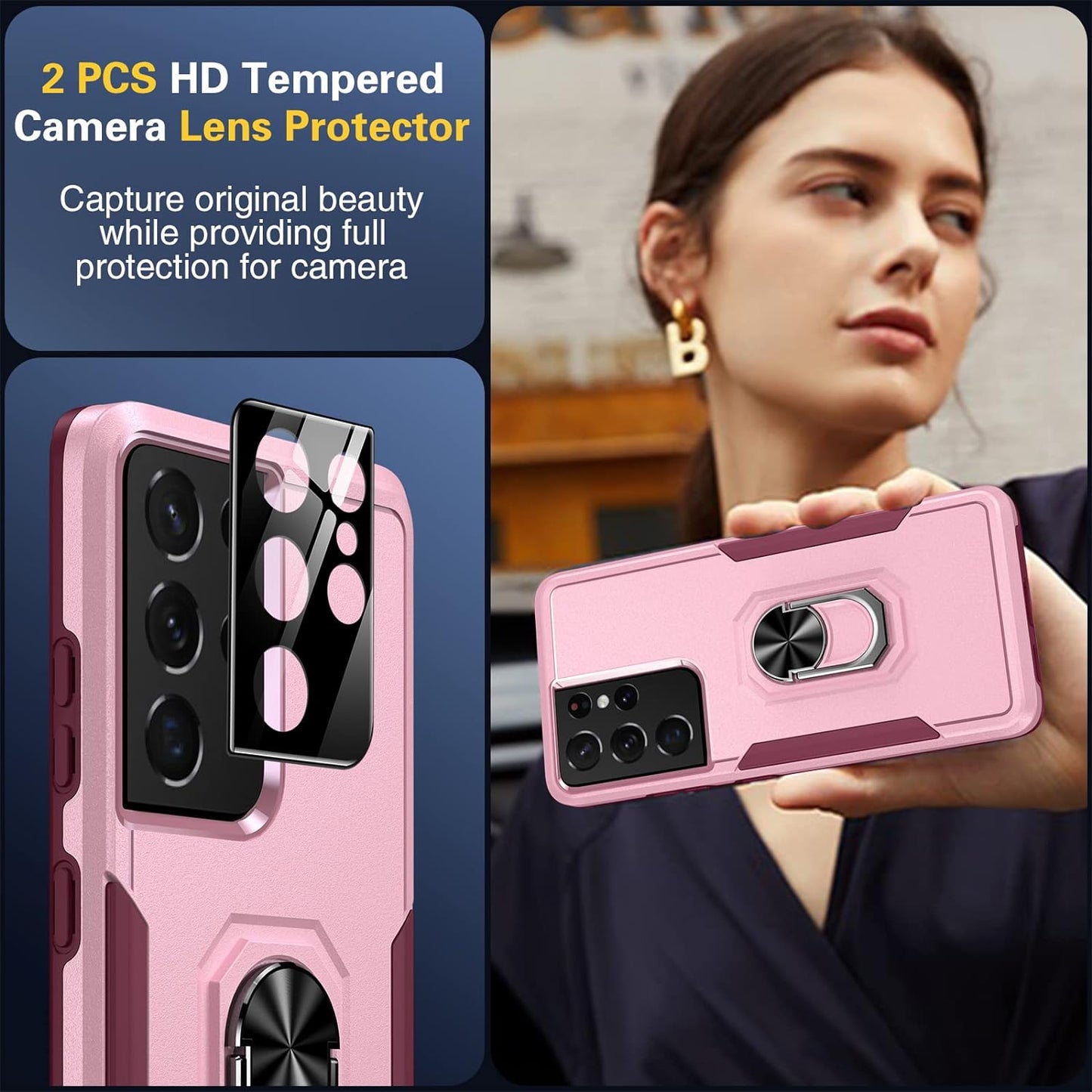 Oterkin for S21 Ultra Case 5G,Samsung Galaxy S21 Ultra Case with [2 X 9H Lens Protectors][Adjustable Ring Kickstand] Shockproof Anti-Scratch Heavy Duty Phone Case for Galaxy S21 Ultra (Pink)  Oterkin   