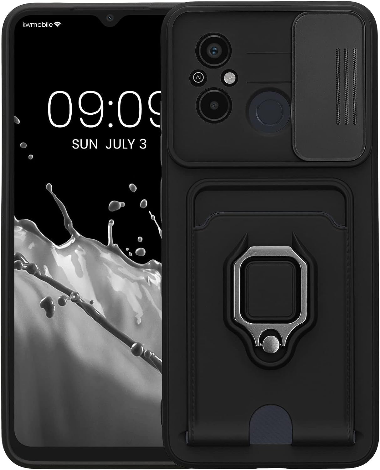 Kwmobile Plastic Case Compatible with Xiaomi Redmi 12C - Case with Metal Stand Card Slot Finger Holder - Black  KW-Commerce   