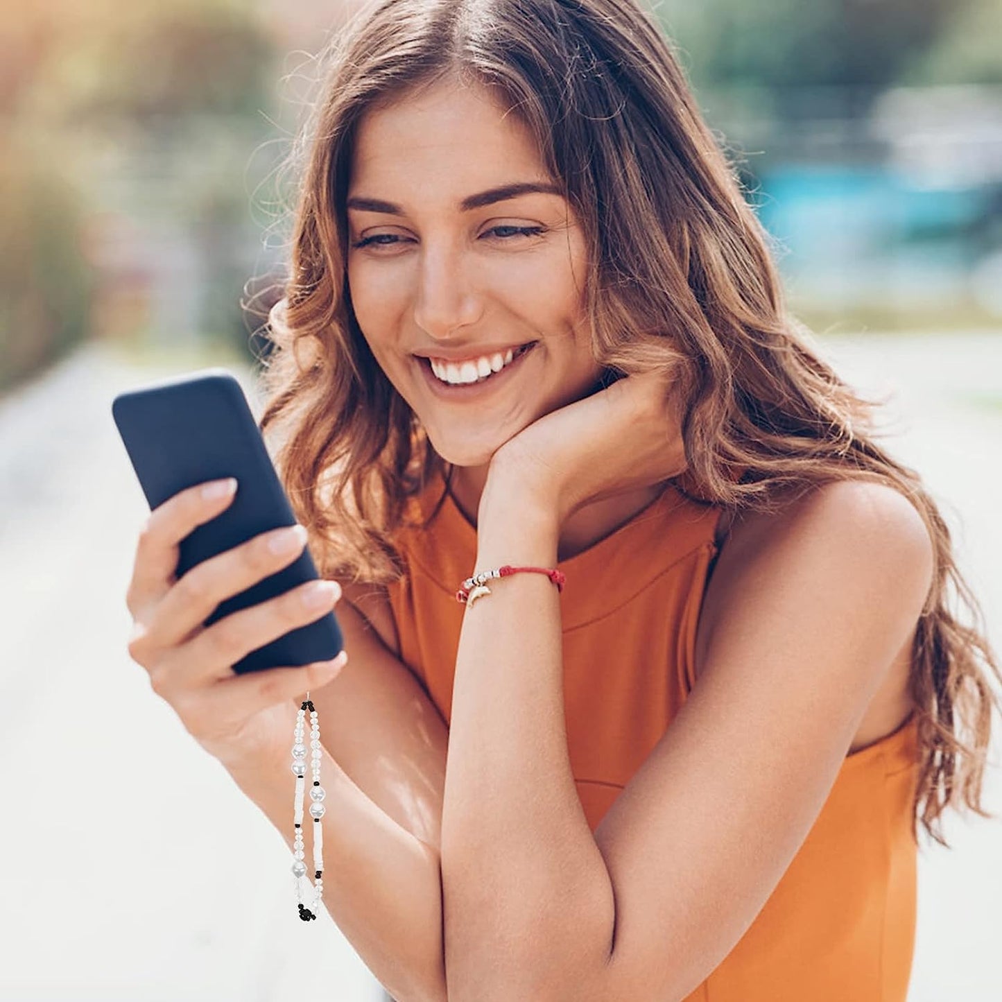 Unomor Keychain Wristlet Beaded Phone Lanyard Polymer Clay Beads Phone Charm Anti- Slip Phone Chain Strap Phone Wristband for Phone Camera Flashlight (White) Key Ring Wristlet  Unomor   