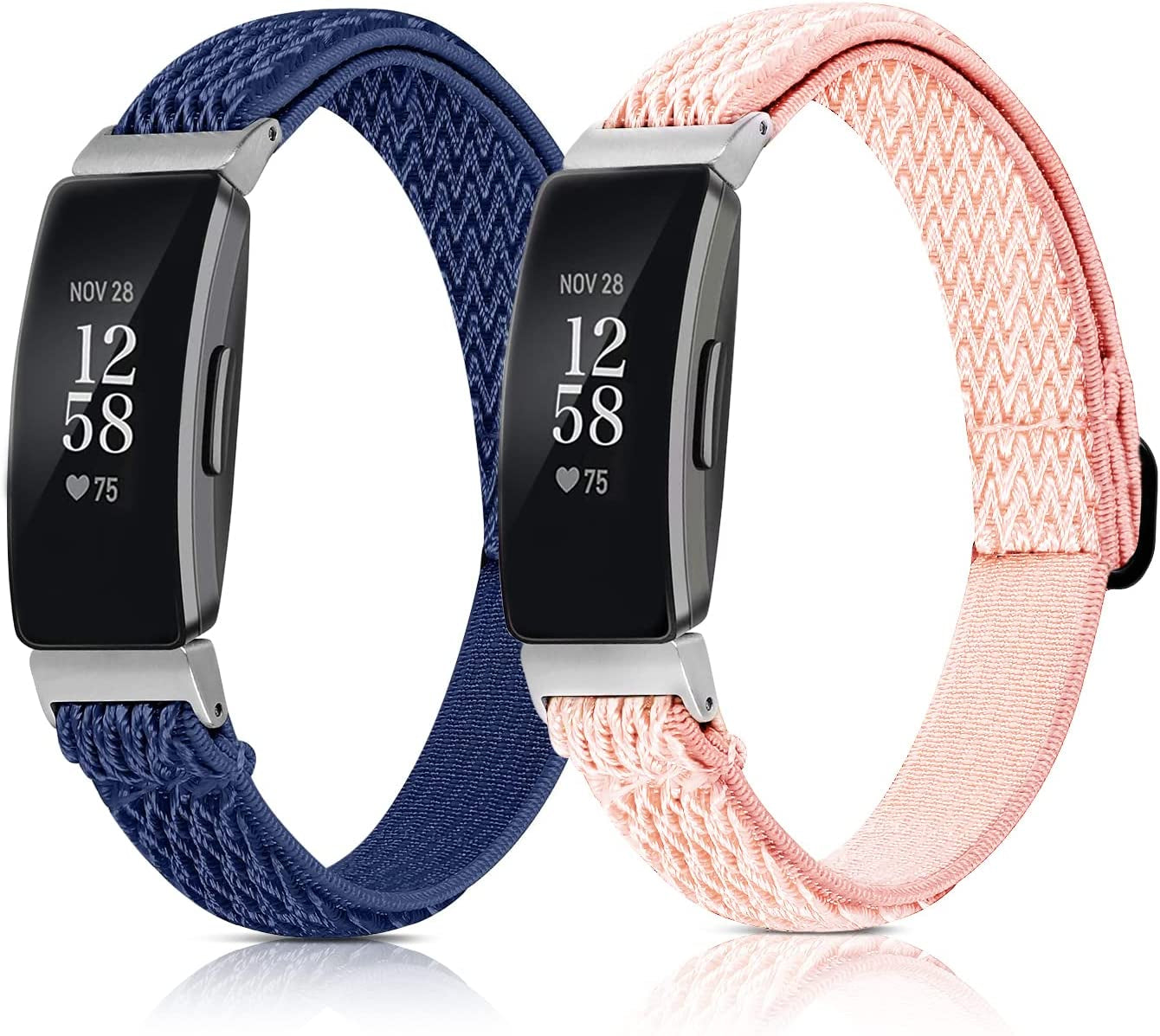 5 Pack Elastic Bands Compatible with Fitbit Inspire 2 / Inspire HR / Inspire / Ace 3 / Ace 2, Soft Loop Nylon Fabric Breathable Stretchy Replacement Straps Accessory Wristband for Women Men  POHNUI Dark Blue Ripple + Pink Ripple  