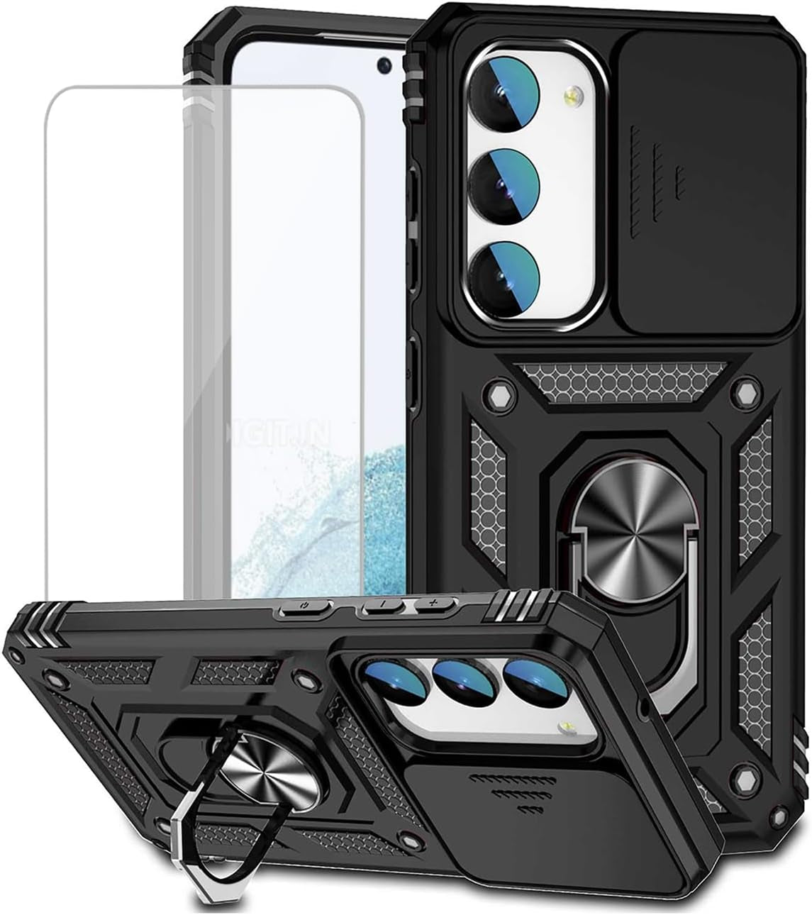 Yodueiv for Galaxy S23 Case, Samsung S23 SM-S911U with Tempered Glass Screen Protector and Slide Camera Cover, Magnetic Ring Car Mount Holder Kickstand Protective Cover for Samsung Galaxy S23 5G Red  Yodueiv Black  