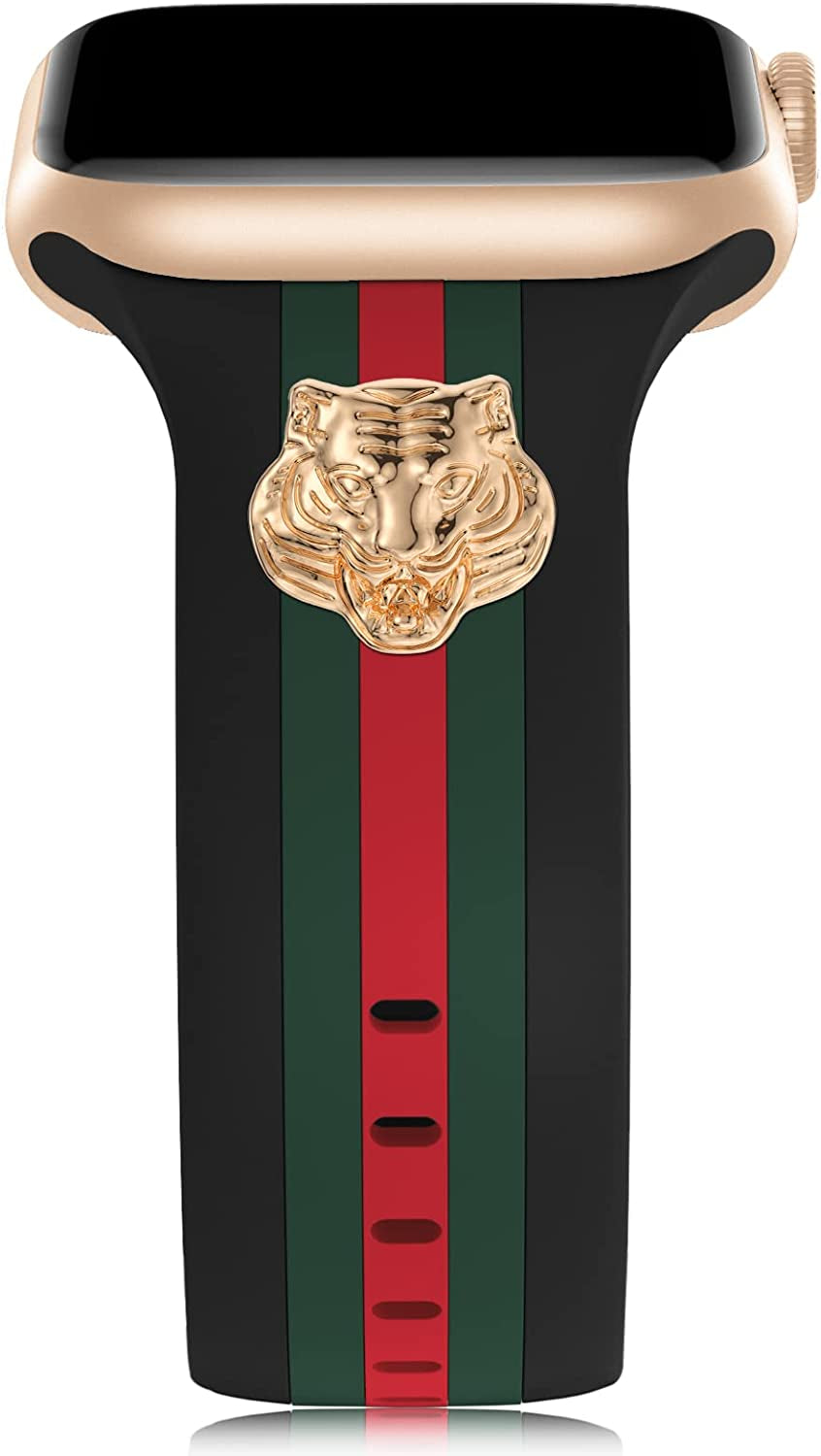 Designer Band with Charms Decor Compatible with Apple Watch Band 38Mm 40Mm 41Mm 42Mm 44Mm 45Mm 49Mm Women Men, Stylish Silicone Sport Wristbands for Iwatch Series 8 7 6 5 4 3 2 1 SE Ultra  Bagoplus Black/Green/Red with Tiger 42mm/44mm/45mm/49mm 