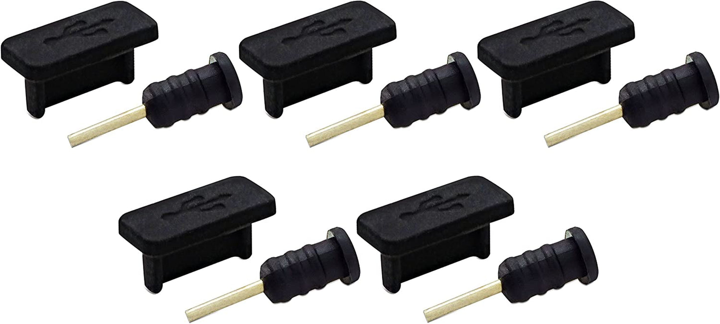 Portplugs Usb-C anti Dust Plugs (5 Pairs) Premium Silicone Plugs, Compatible Samsung Galaxy S22, S21, S20, Ultra, plus S10, S9, S8, Note, All Type C Smartphones Includes Headset, Sim Tool, Brush Black  PortPlugs   