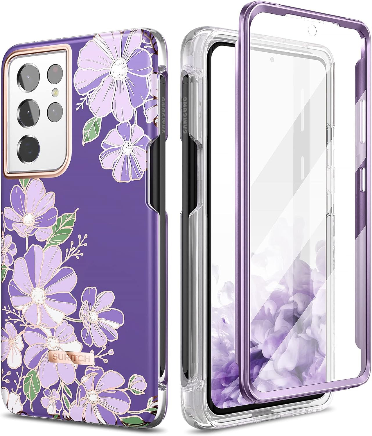 SURITCH Phone Case for Samsung Galaxy S21 Ultra with S-Pen Holder Front Cover Built-In Screen Protector Upgraded Dual-Layer Full Body Protection Anti-Scratch Shockproof for Woman Man, Purple Marble  SURITCH Purple Cosmos  