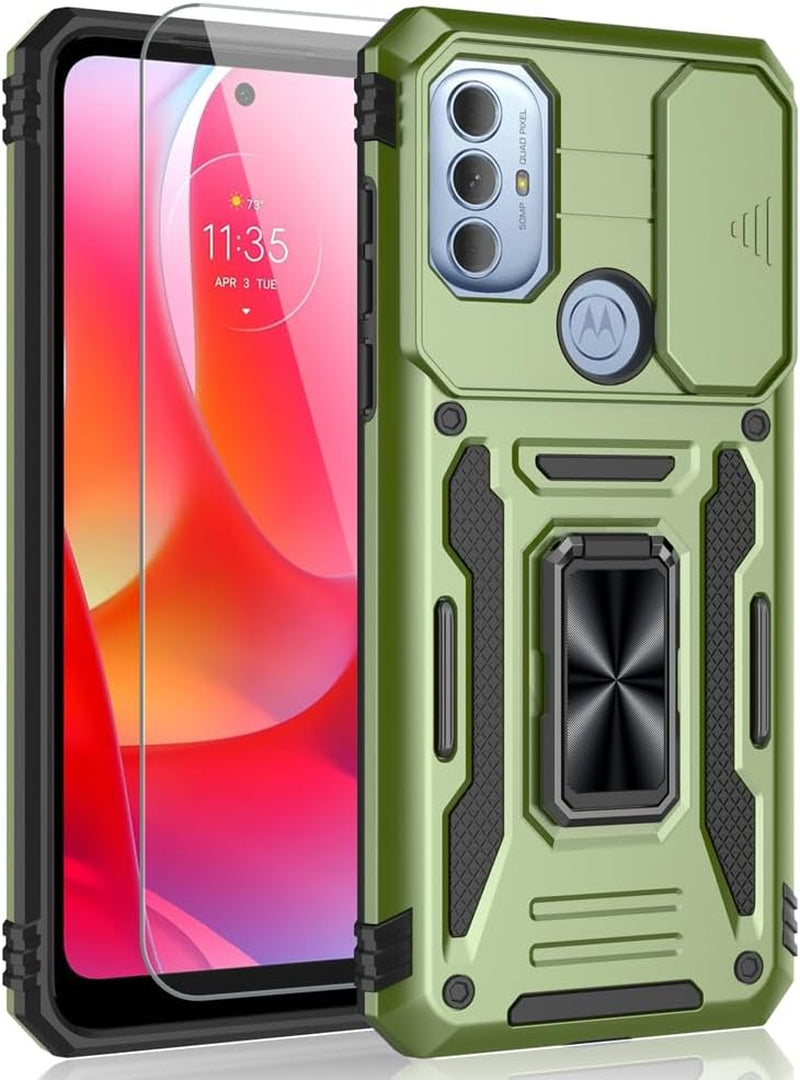 SYONER for Motorola Moto G Play 2023 Case, Moto G Power 2022 Case, Moto G Pure Case with Screen Protector, Shockproof Phone Case & Sliding Camera Cover & Ring Holder Kickstand [Alpine Green]  SYONER Olive  