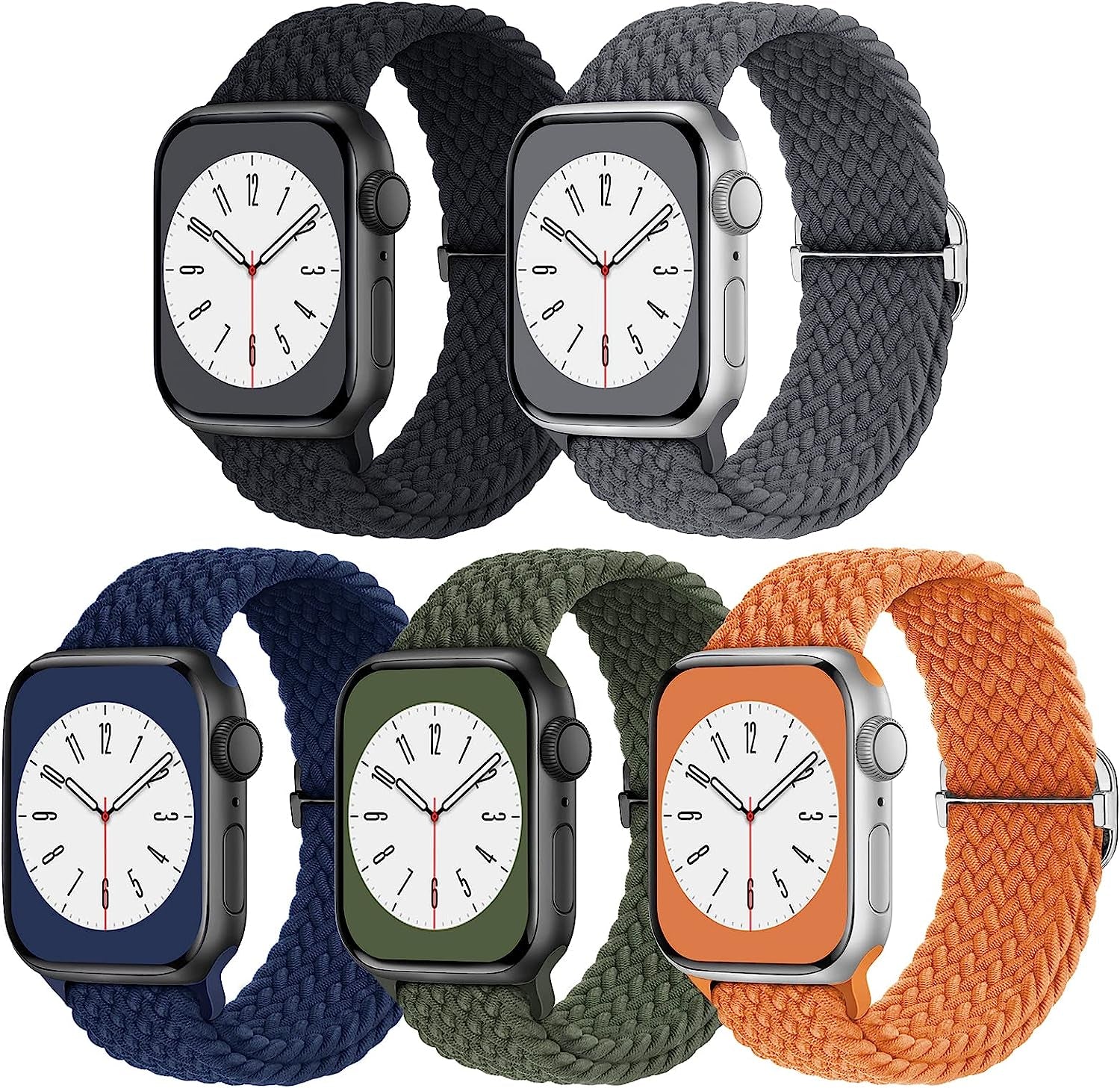 Braided Solo Loop Compatible with Apple Watch Band 38Mm 40Mm 41Mm 42Mm 44Mm 45Mm 49Mm, Women Men Nylon Stretchy Bands Adjustable Elastic Sport Straps for Iwatch Ultra Series 8 7 6 5 4 3 2 1 SE, 5 Pack  Butifacion Gray/Black/Orange/Abyss Blue/Army Green 38mm/40mm/41mm 