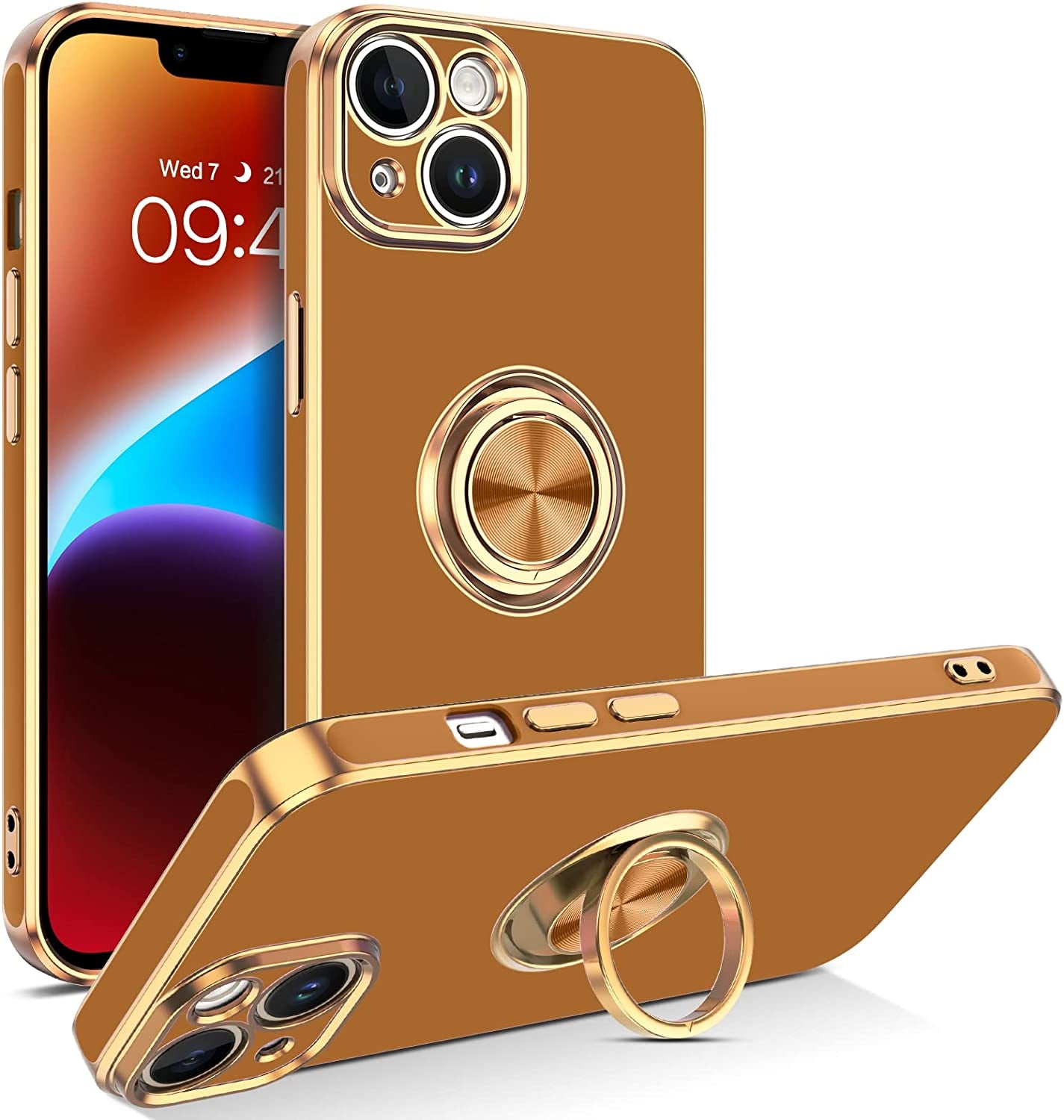 VENINGO Iphone 14 Case,Phone Cases for Iphone 14,Slim Fit Soft 360° Ring Holder Kickstand Magnetic Car Mount Supported Easy Clean Shockproof Protective Cover for Apple Iphone 14 6.1" 2022,Black/Golden  VENINGO RN266-Coffee Brown  