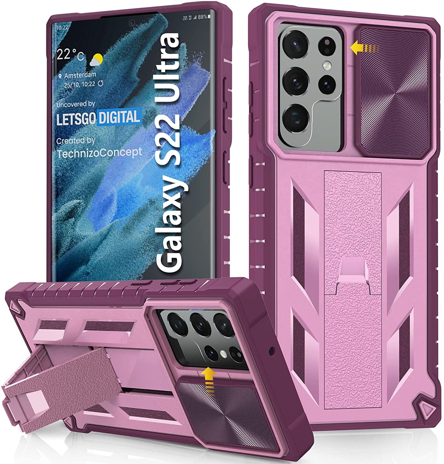 For Samsung Galaxy S22 Ultra Case: Military Grade Drop Proof Rugged Protective S22Ultra 5G Phone Cover with Built-In Screen Protector & Kickstand |Shockproof Bumper Dual Layer 360 Full Protection  SOiOS Pink-Purple S22 Ultra 