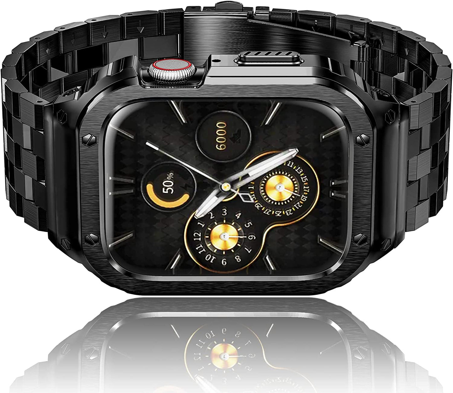 Amznew Apple Watch Bands Compatible for Iwatch Series Ultra (49Mm) 8/7(45Mm/41Mm), 6/5/4/Se(44Mm/40Mm) 3/2/1(42Mm/38Mm), Stainless Steel Iwatch Bands with Case and Protective Cover Men  Amznew Black 44/42mm 