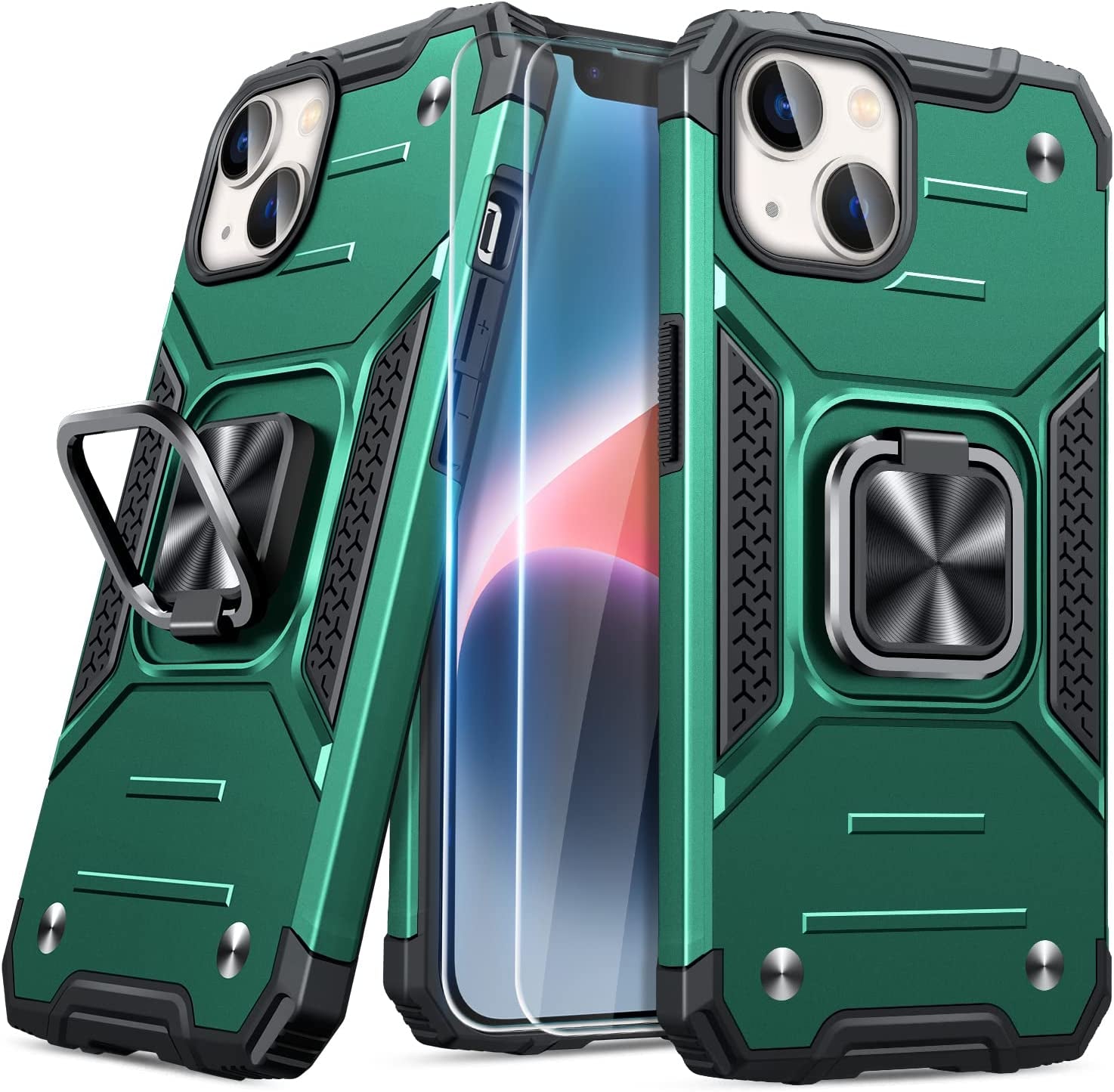 JAME for Iphone 14 Case with Screen Protector [2 PCS], Shockproof Bumper Case for Iphone 14 Case for Women & Men, Heavy-Duty Protection with Metal Ring Kickstand Case for Iphone 14, Alpine Green  XJXIN Green  