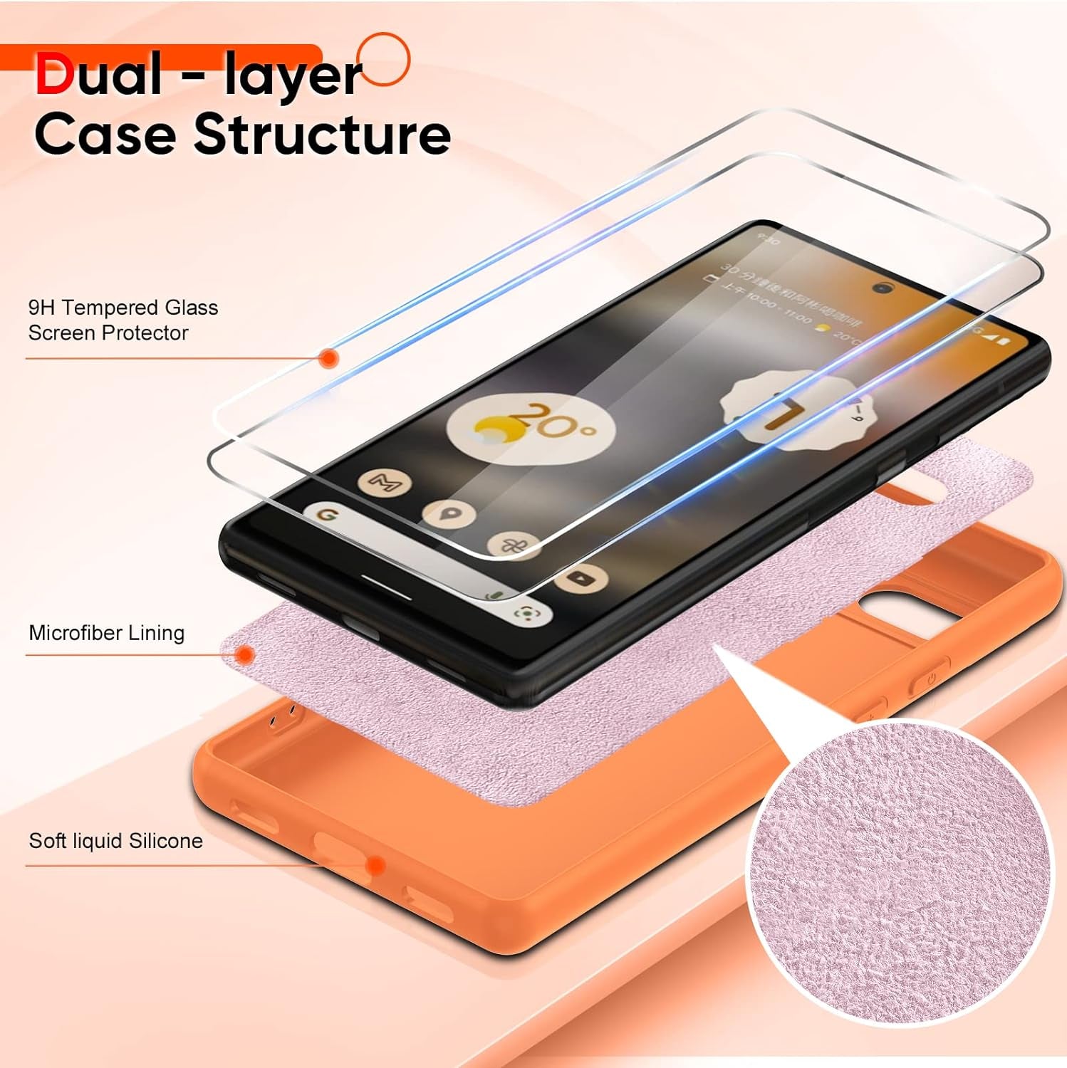 Leyi for Liquid Silicone Google Pixel 6A 5G Case: with 2-Pack Tempered Glass Screen Protectors, Soft Microfiber Liner, Orange  LeYi   