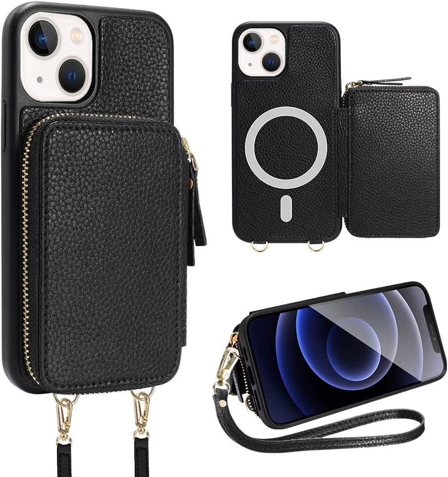 ZVE Iphone 14 Pro Crossbody Wallet Case Magsafe, Phone Case with RFID Blocking Card Holder Wrist Strap for Women, Zipper Leather Cover for Iphone 14 Pro, 6.1"-Black  ZVE Black iPhone 14 Plus 