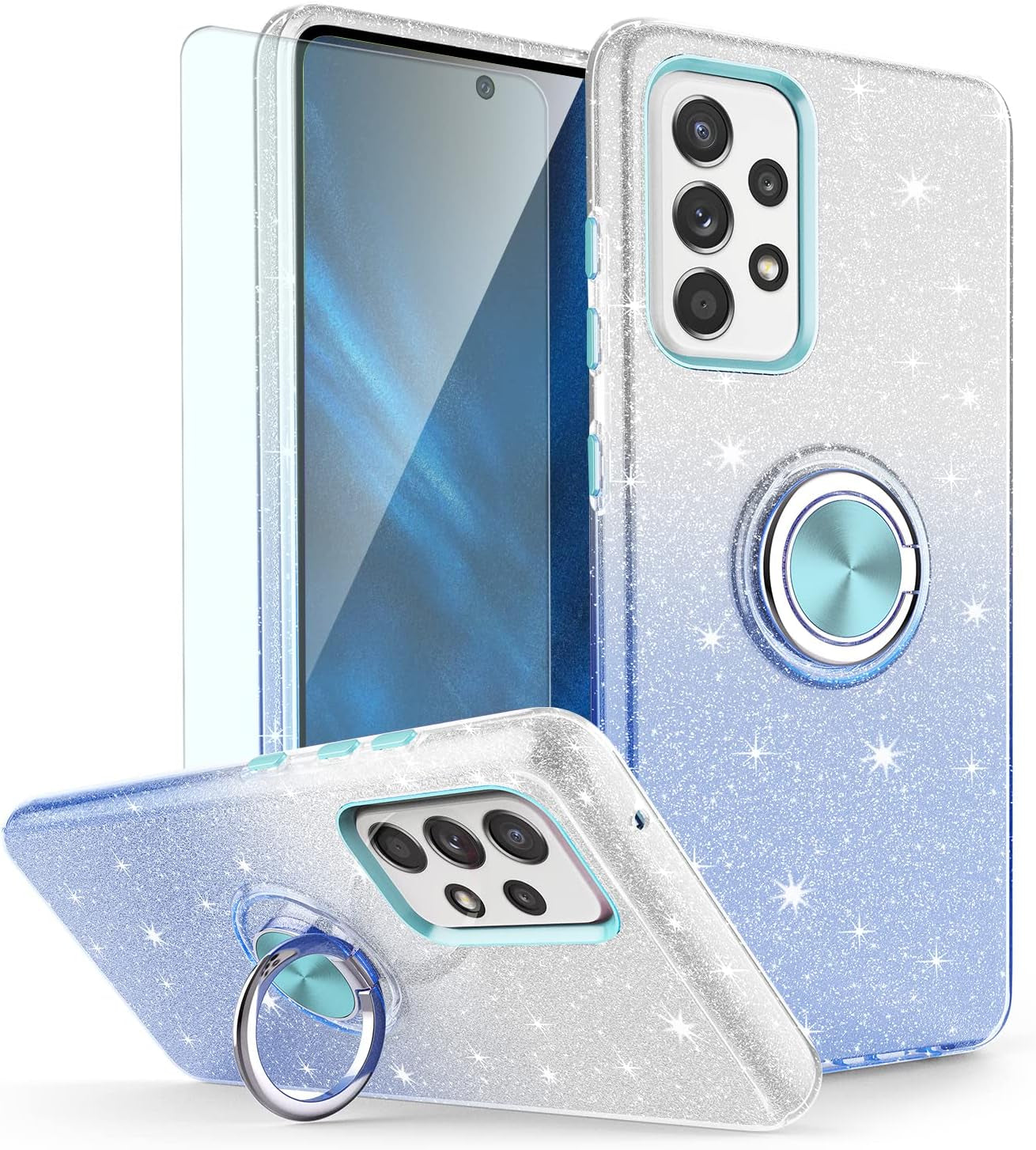 TJS Compatible with Samsung Galaxy A53 5G Case, with Tempered Glass Screen Protector, Metal Ring Magnetic Support Kickstand Tone Shinny Glitter Girls Women Protector Phone Case (Purple)  TJS Blue  