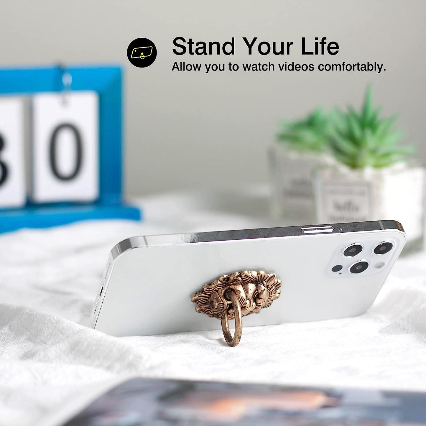 [2 Pack] Lion Head Cell Phone Ring Holder Stand, 360 Degree Rotation Finger Ring Kickstand with Polished Metal Phone Grip for Magnetic Car Mount, Smartphone Accessories（Black Gold）  Wansurs   