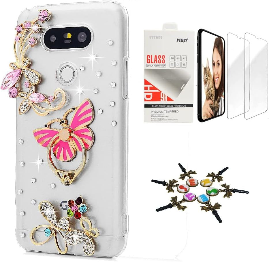 STENES Bling Case Compatible with LG V40 Thinq - Stylish - 3D Handmade [Sparkle Series] Pretty Butterfly Ring Stand Design Cover with Screen Protector [2 Pack] - Pink  STENES Pretty Butterfly Ring Stand / Pink Design For Lg Aristo 2 