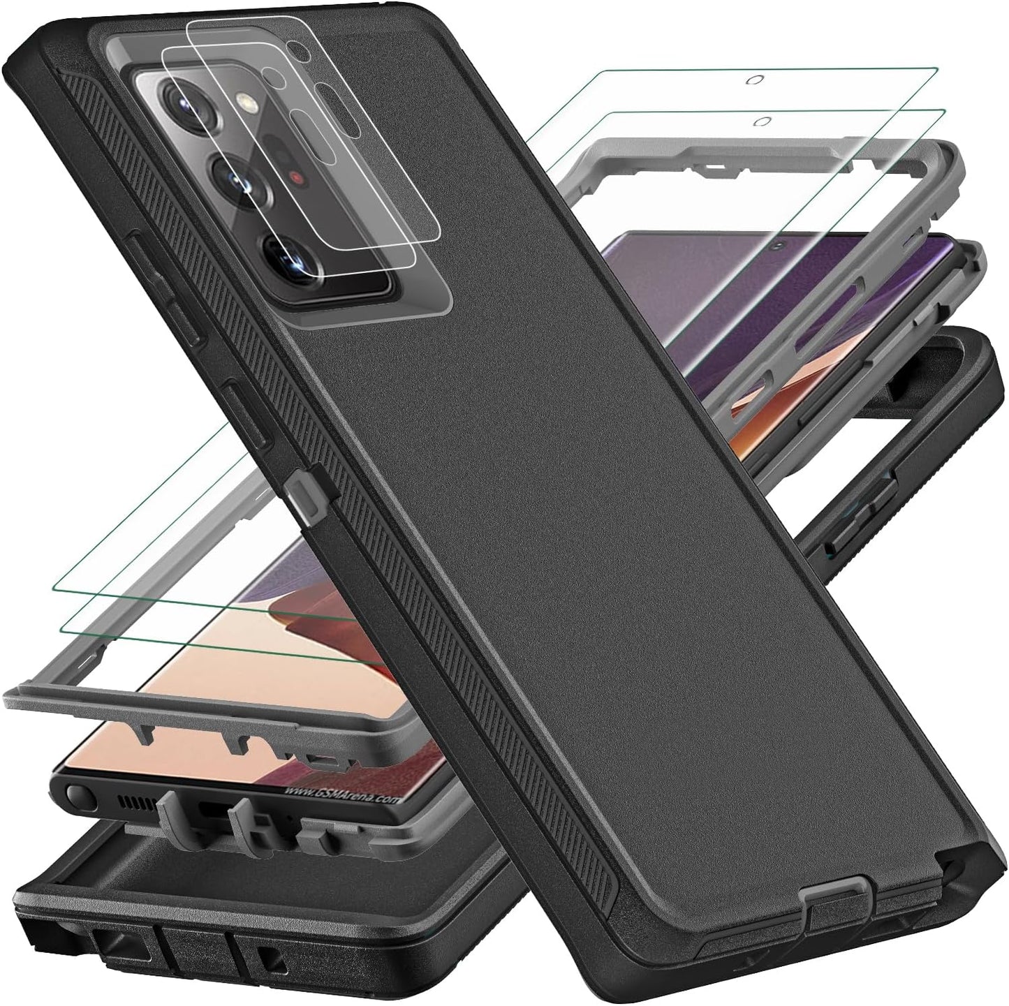 YKHJKLEC for Samsung Galaxy Note 20 Ultra Case, with 2Pcs [Self Healing Flexible TPU Screen Protector & Camera Lens Protector] 3 in 1 Heavy Duty Case for Galaxy Note 20 Ultra 5G (Black/Grey)  YKHJKLEC   