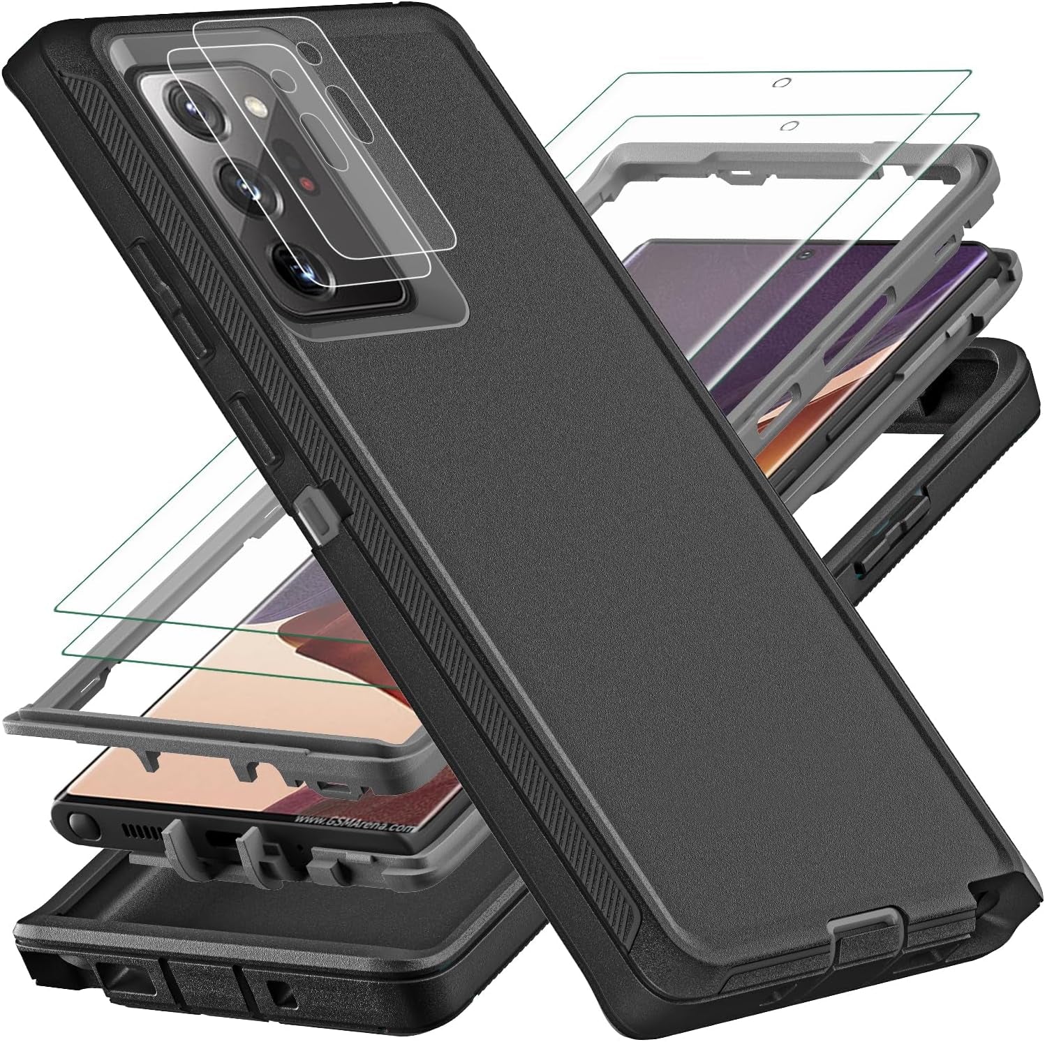 YKHJKLEC for Samsung Galaxy Note 20 Ultra Case, with 2Pcs [Self Healing Flexible TPU Screen Protector & Camera Lens Protector] 3 in 1 Heavy Duty Case for Galaxy Note 20 Ultra 5G (Black/Grey)  YKHJKLEC   