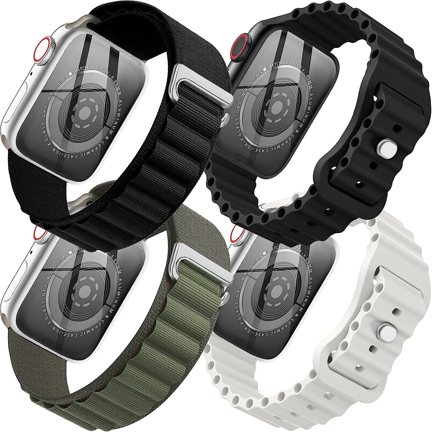 4 Pack Alpine Trail Loop Ocean Band Compatible with Apple Watch Band 49Mm 45Mm 44Mm 42Mm Women Men,Adjustable with Sport Strap for Iwatch Ultra Series 8/7/6/5/4/3/2/1/Se,A-Black/Orange/T-Black/O-Black  FnKer Black/Green/Black/White 42/44/45/49mm 