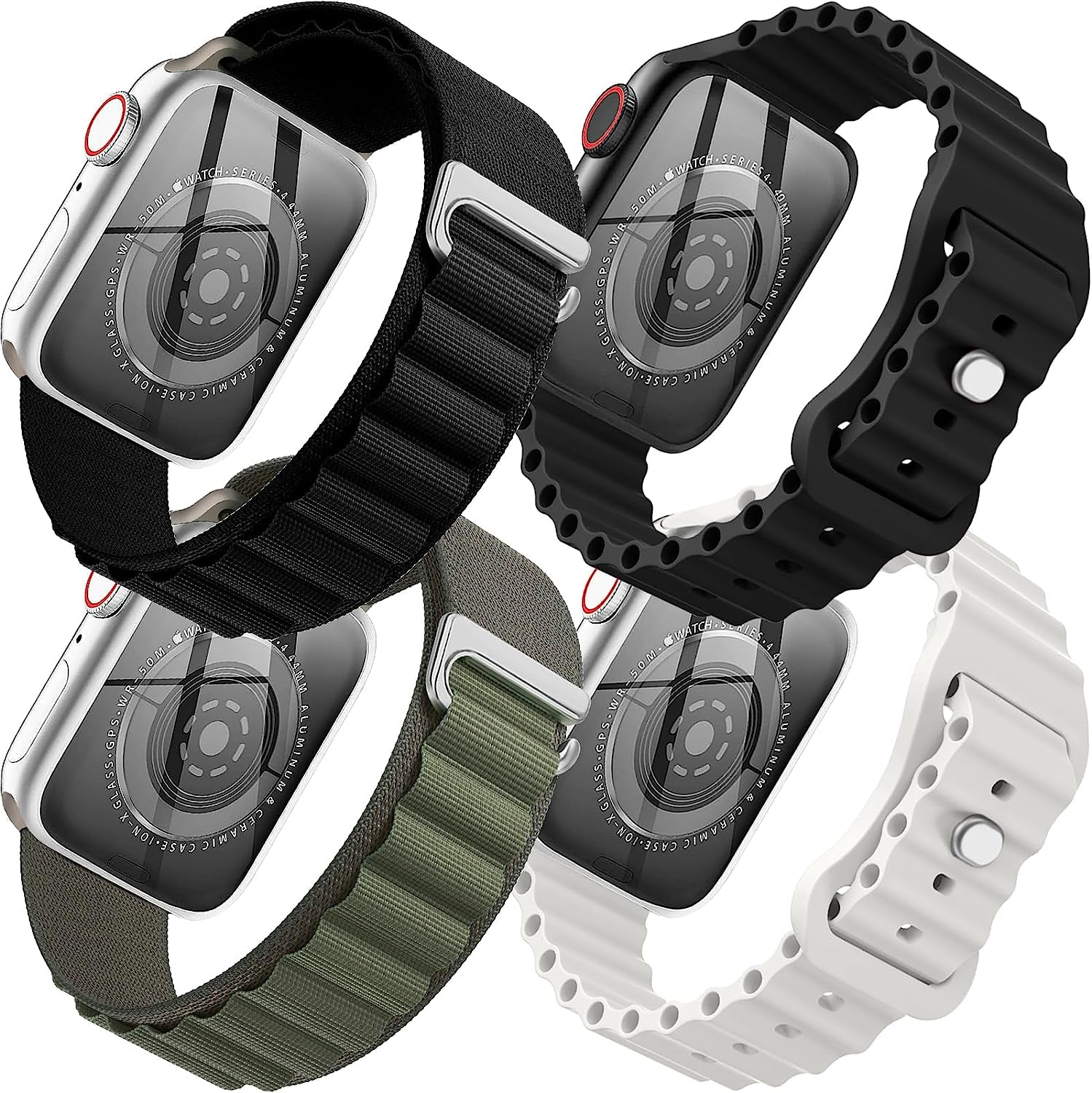 4 Pack Alpine Trail Loop Ocean Band Compatible with Apple Watch Band 49Mm 45Mm 44Mm 42Mm Women Men,Adjustable with Sport Strap for Iwatch Ultra Series 8/7/6/5/4/3/2/1/Se,A-Black/Orange/T-Black/O-Black  FnKer Black/Green/Black/White 42/44/45/49mm 