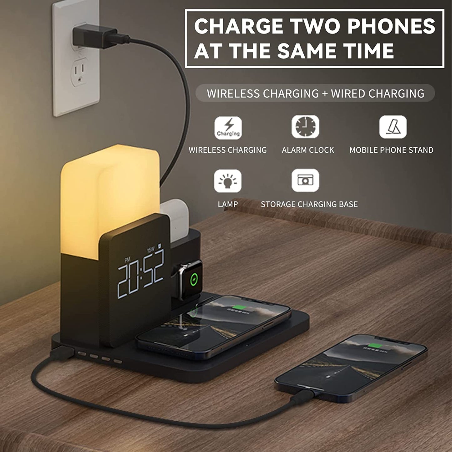 Wireless Charger,3 in 1 Fast Charging Station with Digital Alarm Clock and Night Light,Compatible for Iphone 14/14 Pro/13/13 Pro/12/12Pro Max/11 Series/Xs Mas/Xr/Xs/8/8 Plus/Iwatch/Airpods/Samsung  LAVONE   