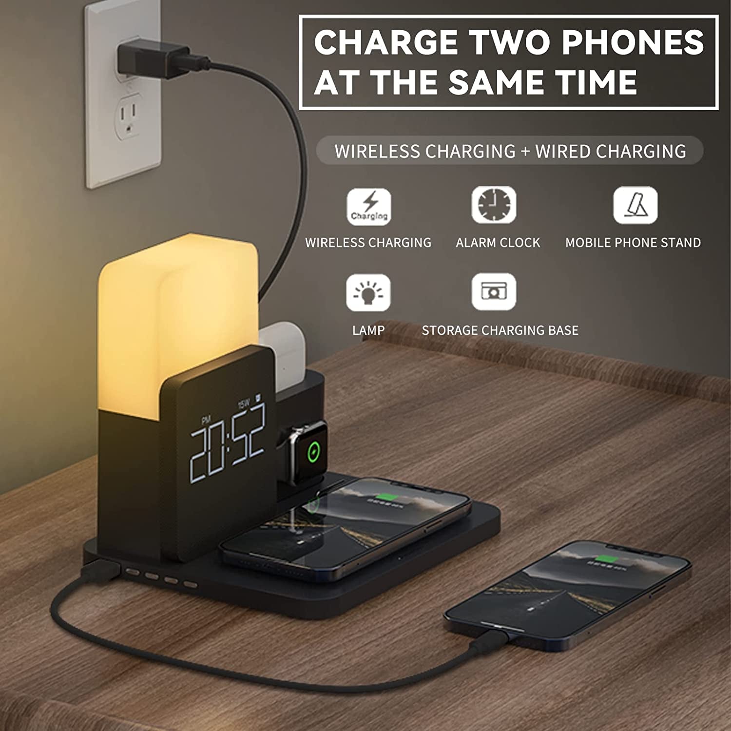 Wireless Charger,3 in 1 Fast Charging Station with Digital Alarm Clock and Night Light,Compatible for Iphone 14/14 Pro/13/13 Pro/12/12Pro Max/11 Series/Xs Mas/Xr/Xs/8/8 Plus/Iwatch/Airpods/Samsung  LAVONE   