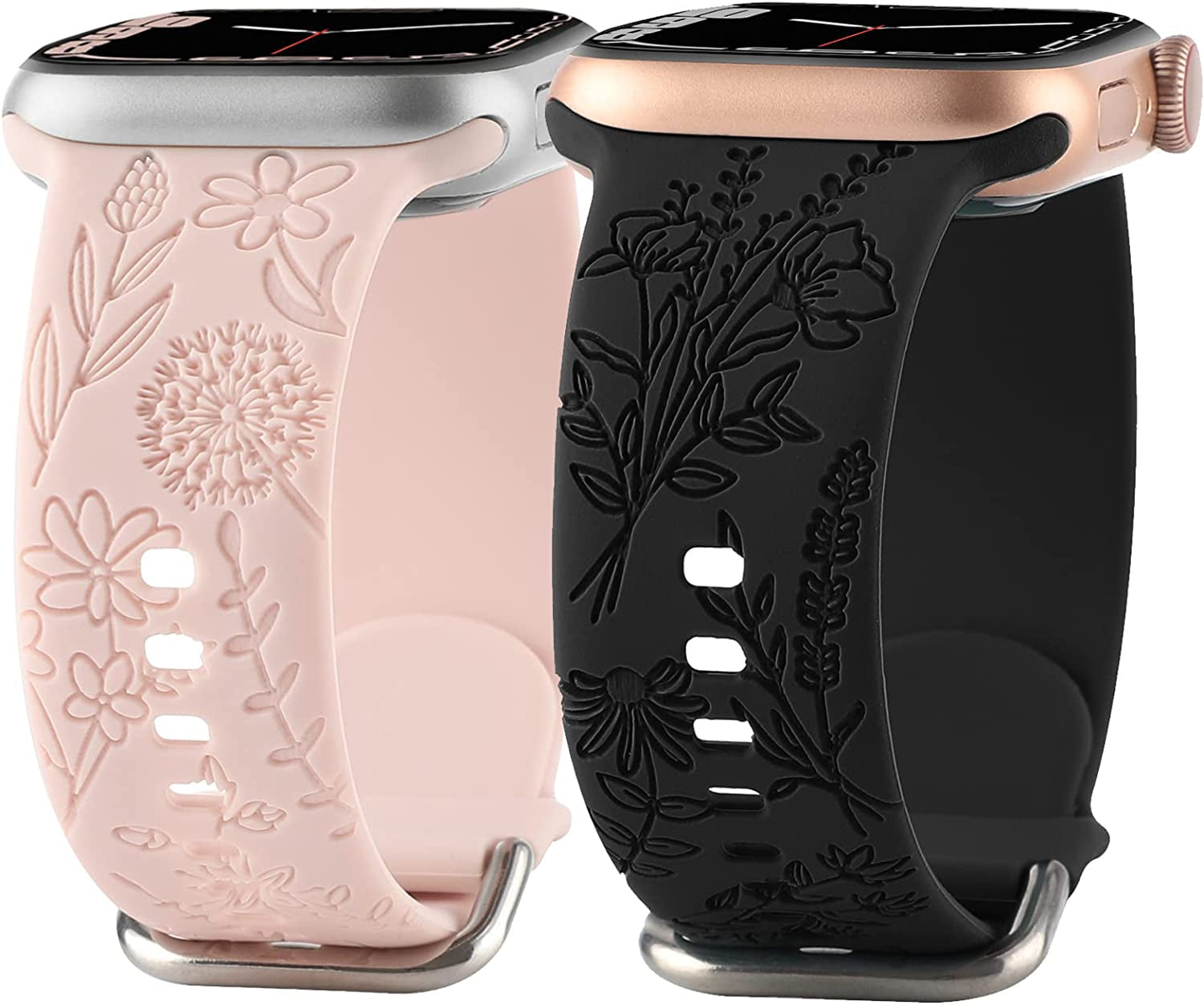 Flower Engraved Silicone Band Compatible with Apple Watch Bands 38Mm 40Mm 41Mm, Cute Women Wildflowers Floral Design Soft Sport Strap Replacement Wristbands for Iwatch Series 8 7/SE/6/5/4/3/2/1  FERJITGR Meat Meal Black 38/40/41mm 