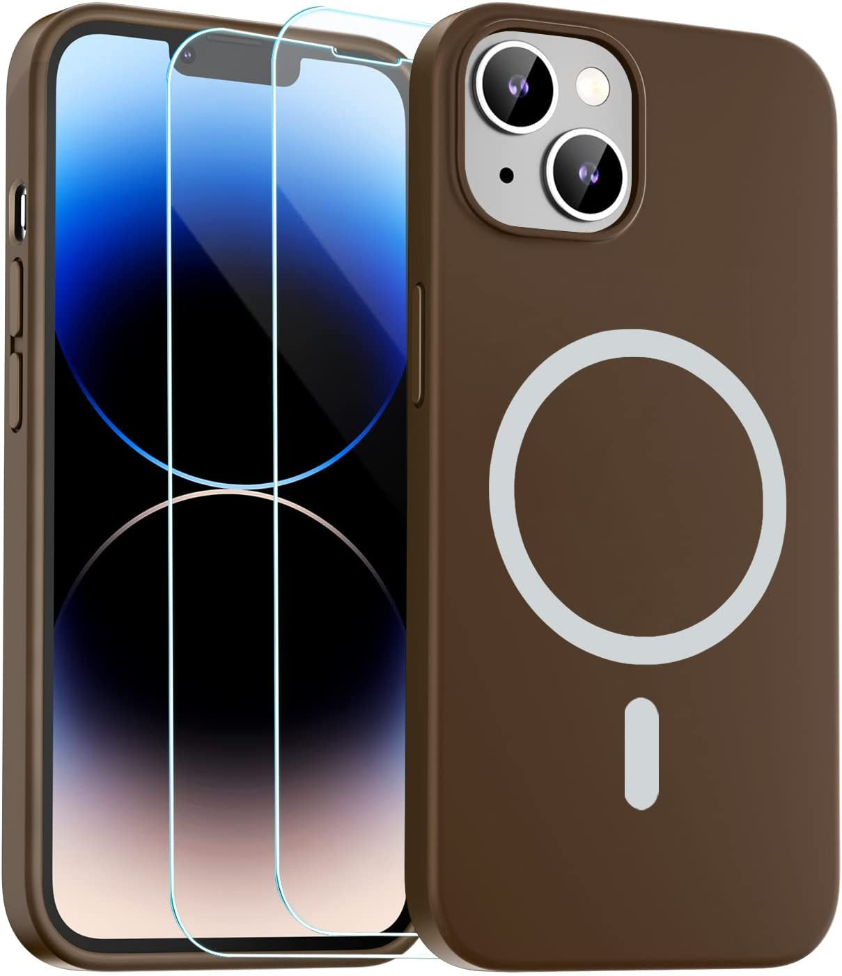 Zapica Liquid Silicone Magnetic for Iphone 14 Case, [Compatible with Magsafe] [With 2 Pack Glass Screen Protector] Anti-Scratch, Shockproof, Slim Soft Phone Case for Iphone 14, 6.1 Inch (Black)  zapica Brown  