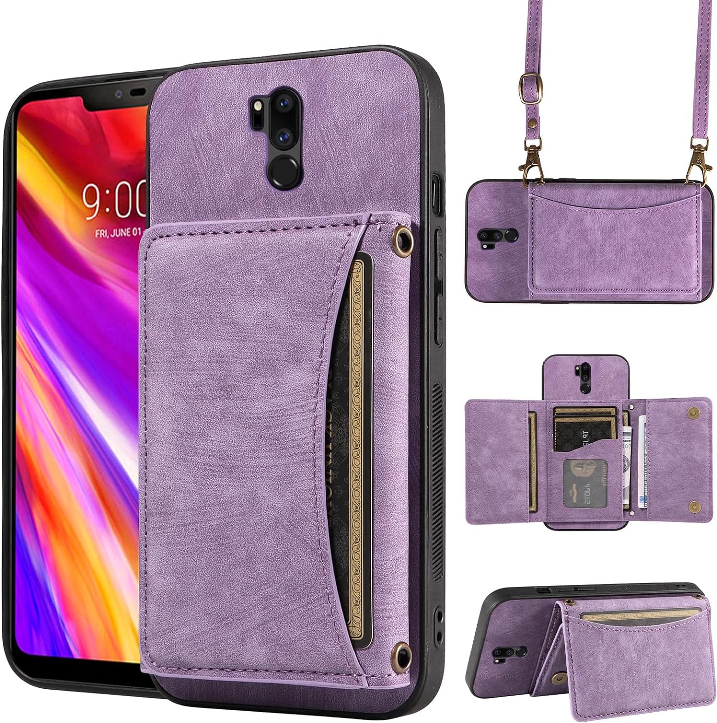 Phone Case for LG G7 Thinq Wallet Cover with Crossbody Shoulder Strap and Leather Credit Card Holder Pocket Slim Stand LGG7 One G 7 plus LG7 Fit Lg7Thinq 7G Thin Q G7+ G7Thinq Lgg7Thinq Girls Red  Dswteny Purple  