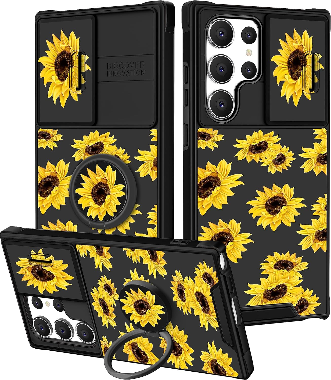 Funermei (2In1 for Samsung Galaxy S22 Ultra Case for Women Cute Cats Girls Animals Phone Cover Kawaii Girly Blue Pretty Design with Camera Cover+ Ring Stand Funda for Galaxy S22 Ultra Case 5G  Funermei 2-For S22 Ultra-Sunflower  