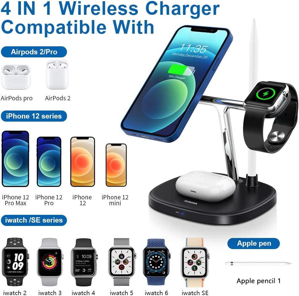 ZUBARR 4 in 1 Fast Wireless Charger, Magnetic Wireless Charging Station Compatible with Iphone 14/13/12 Series, Iwatch SE/6/5/4/3/2, Airpods 2/Pro and Pencil 1Nd with QC 3.0 Adapter  ZUBARR   