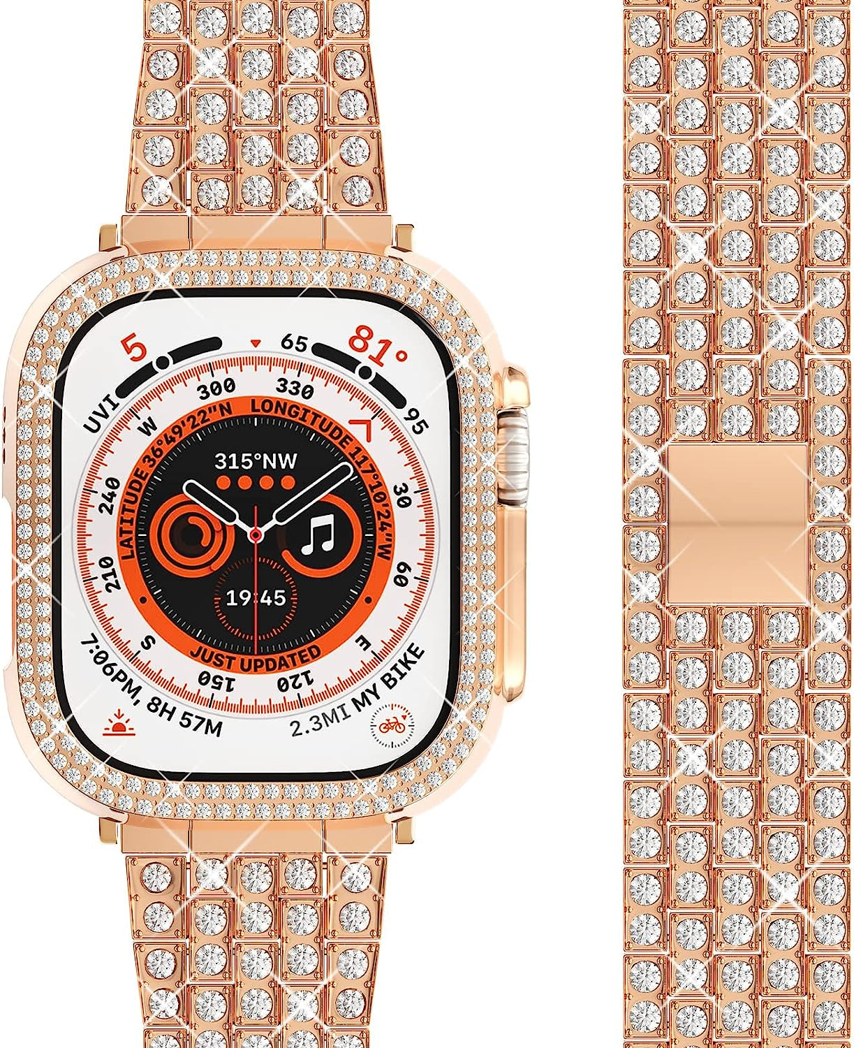 QVLANG Compatible Apple Watch Band Ultra 49Mm, Bling Series Band for Women + Diamond Rhinestone Case, Stainless Steel Metal Bracelet Strap for Iwatch Ultra (Silver, 49Mm)  QVLANG Rose Gold 49 mm 