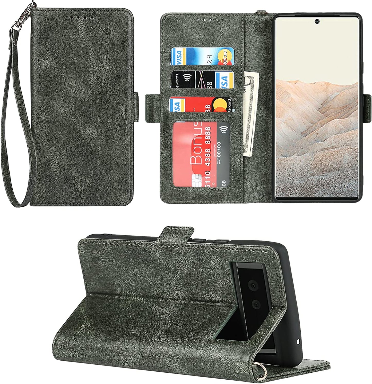 Ｈａｖａｙａ Google Pixel 6 Pro 5G 6.7" Case Zipper Wallet- with 6 Card Holder [RFID Blocking]- Detachable 2-In-1-Wristband Lanyard - for Women and Men-Wireless Charger Compatible Flip Folio Cover-Purple  Ｈａｖａｙａ Green Google Pixel 6 5G 