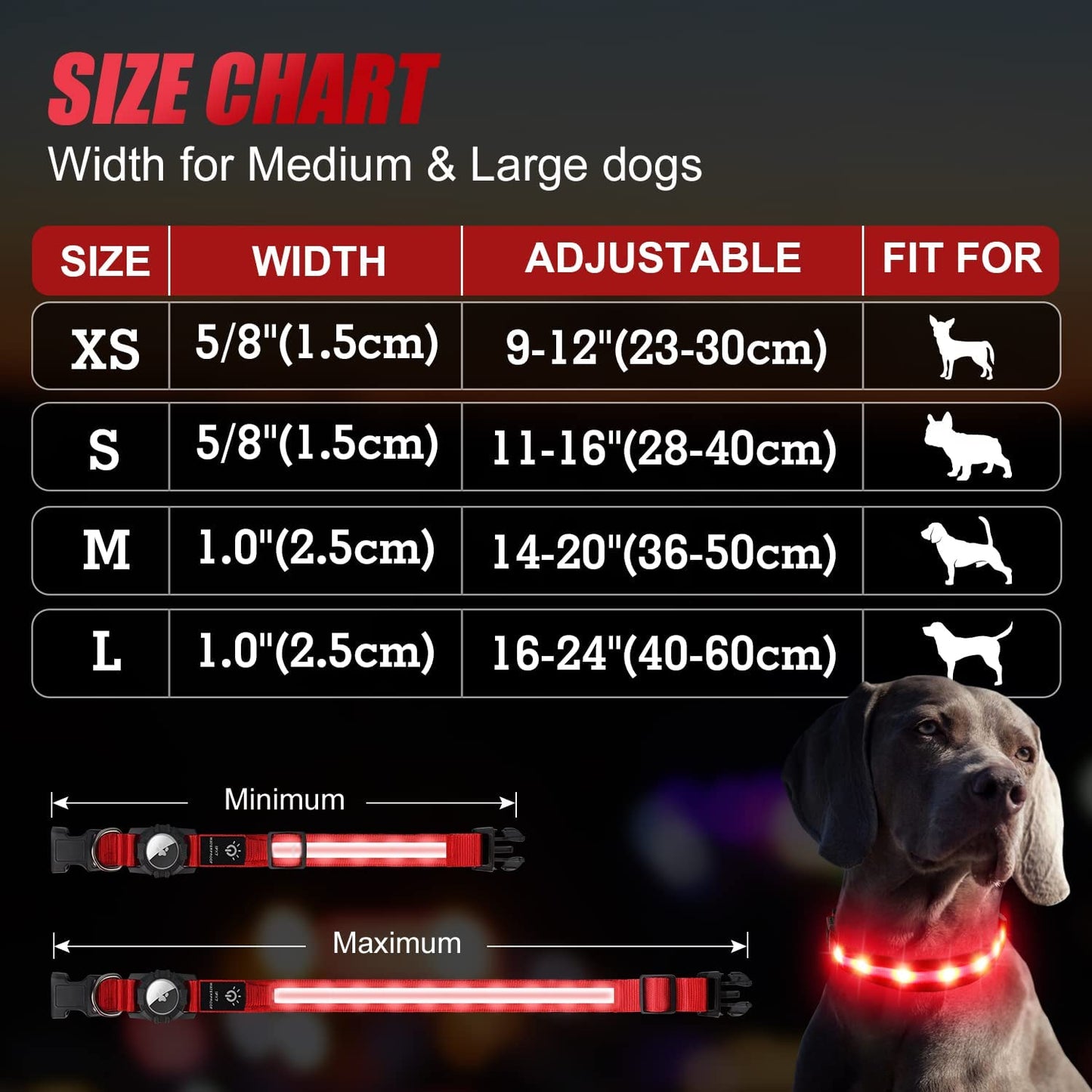 Joytale LED Airtag Dog Collar[100% IPX7 Waterproof], Light up Night Safety Pet Collars for Air Tag, USB C Rechargeable Lighted Glow Nylon Collar with Airtag Holder Case for Large Dogs, Red  Joytale   