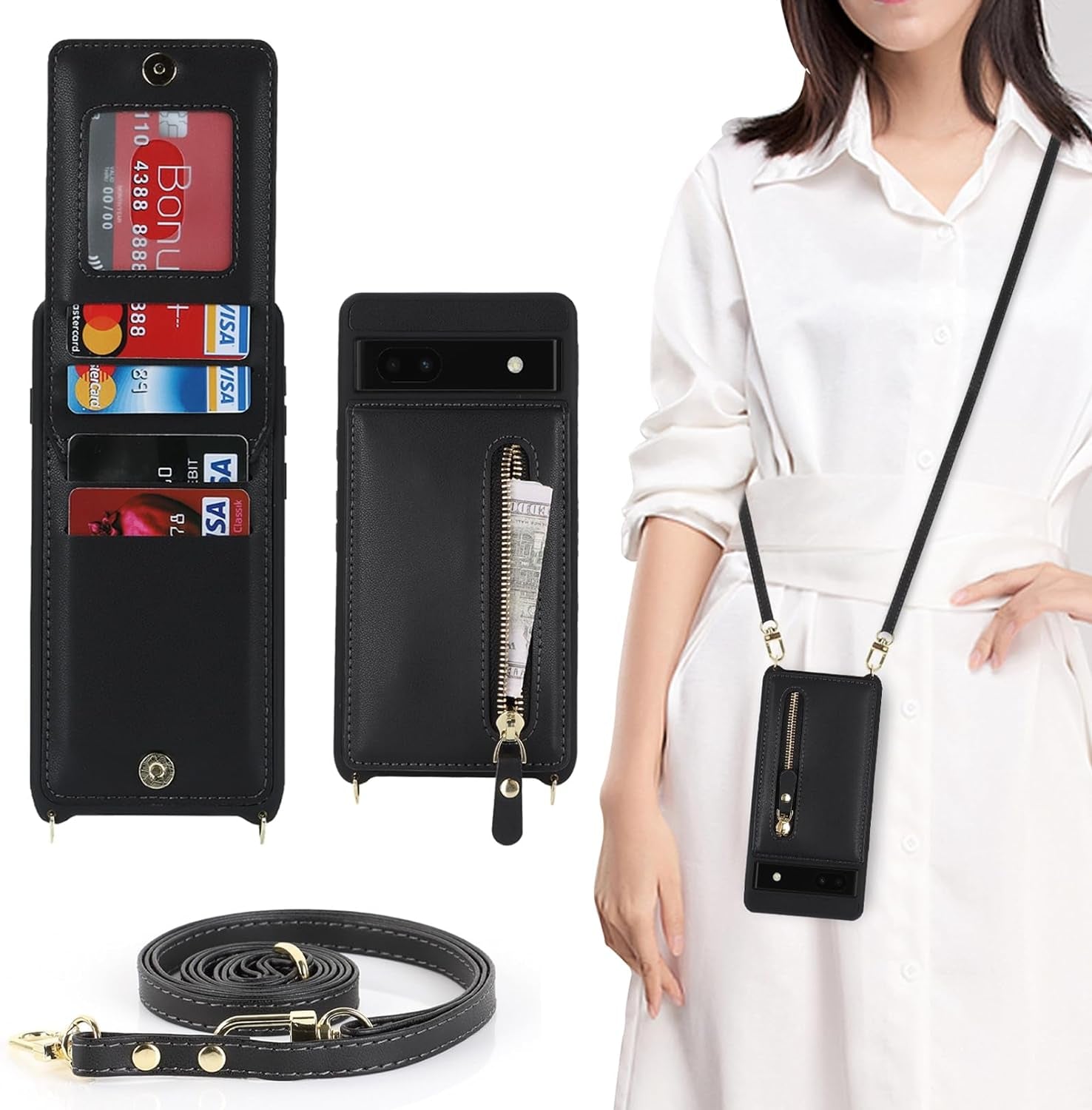 Jaorty Google Pixel 6A Case for Women with Card Holder 6.1" 5G 2022,Google Pixel 6A Phone Case with Strap,Crossbody Lanyard Cases with Credit Card Slots with Stand,Burgundy  Jaorty A-Style 2 - Black  