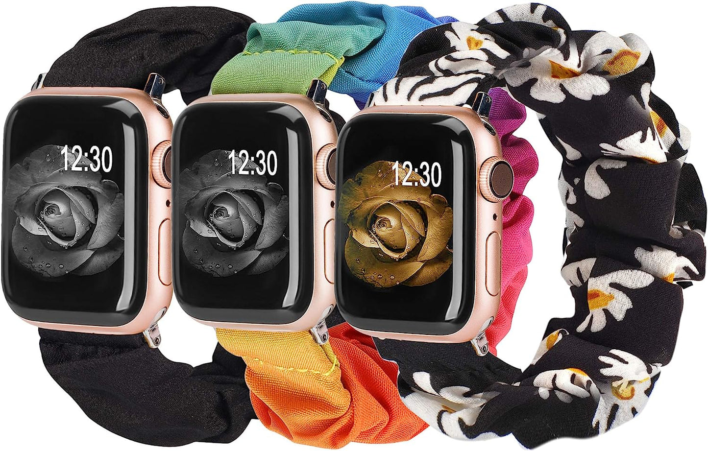 TOYOUTHS 3 Packs Compatible with Apple Watch Band Scrunchies 49Mm(Ultra)/45Mm/44Mm/42Mm Cloth Soft Pattern Printed Fabric Bracelet Women Iwatch Elastic Scrunchy Band Series SE 8 7 6 5 4 3 2 1 S/M  TOYOUTHS Black/Sunflower/Rainbow 41/40/38mm M/L(6.0" - 6.9" Wrist) 