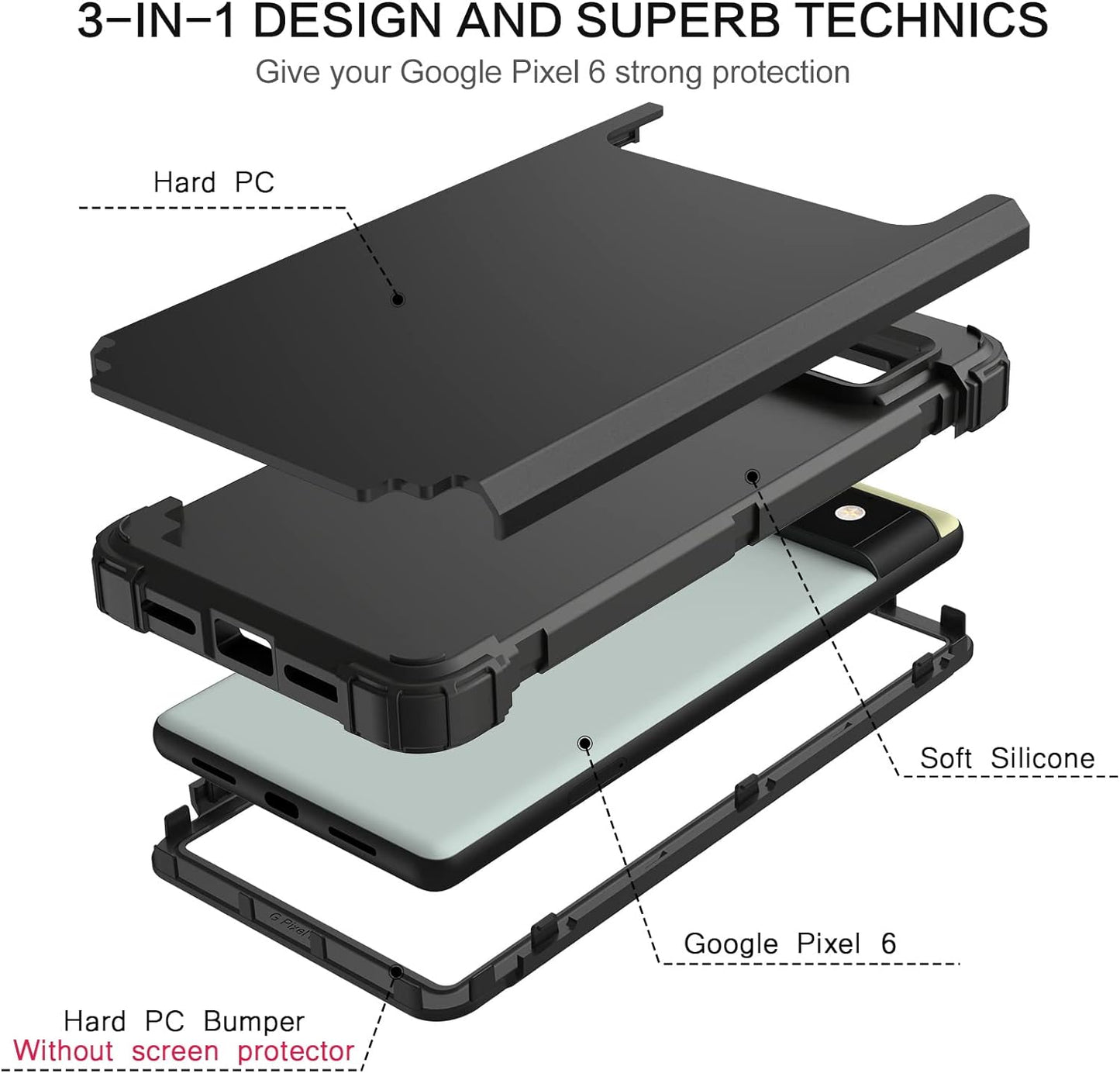 BENTOBEN Pixel 6 Case, Google Pixel 6 Case, 3 in 1 Heavy Duty Rugged Hybrid Shockproof Hard PC Cover Soft Silicone Bumper Impact Resistant Protective Phone Cases for Google Pixel 6 6.4 Inch, Black  BENTOBEN   