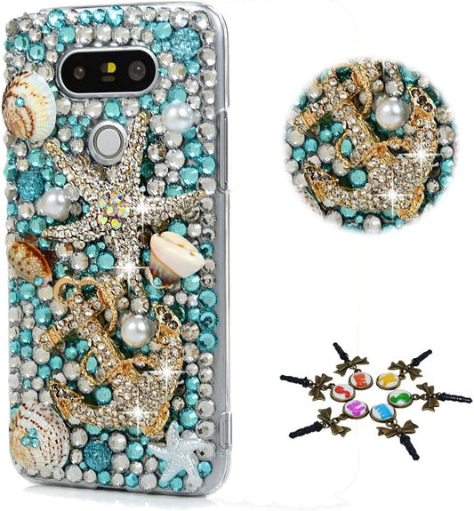 STENES LG G7 Thinq Case - STYLISH - 100+ Bling - 3D Handmade Statfish Shell Anchor Design Protective Case for LG G7/LG G7 Thinq - Novy Blue  STENES   