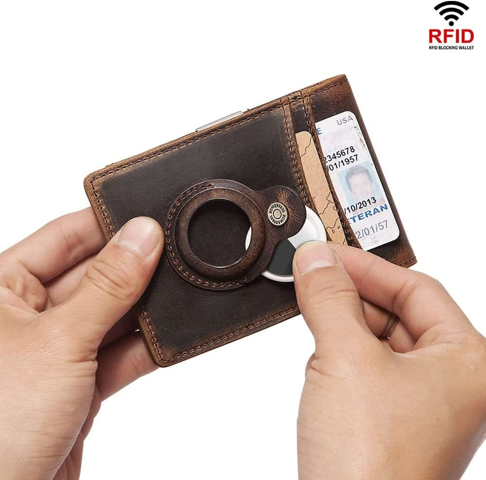 Mens Wallets, Mens Leather Rfid Bifold Wallet with 2 ID Windows, Apple Airtag Wallet Men, Slim Larger Capacity Genuine Leather Money Clip with Gift Box, Fashion Crazy Horse Leather Wallet for Him  AULKZIOV   