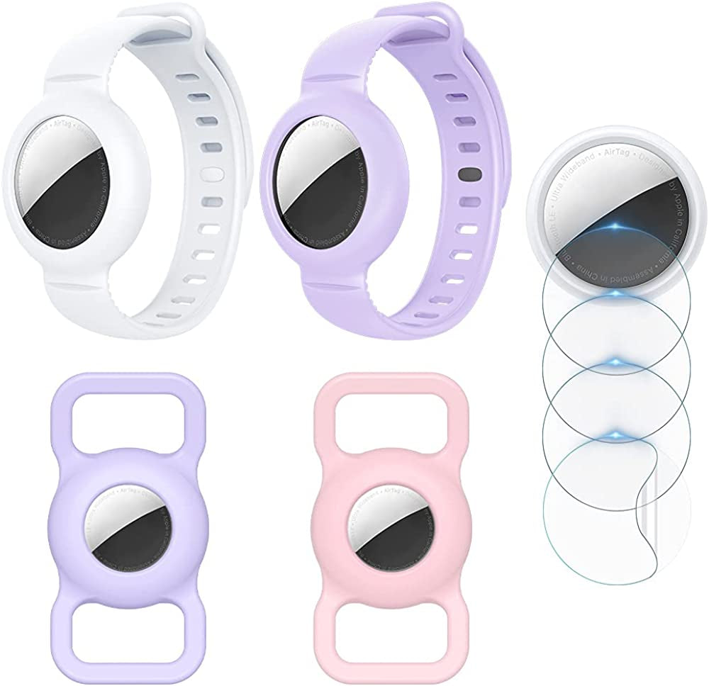 VEGO [2+2+4Pack] Airtag Bracelet for Kids, 2 Pack Silicone Watch Bands + 2 Pack Pet Collar Holder + 4 Pack Anti-Scratch Films for Kids Children, Waterproof Wristband Compatible with Apple Airtag 2021  VEGO   