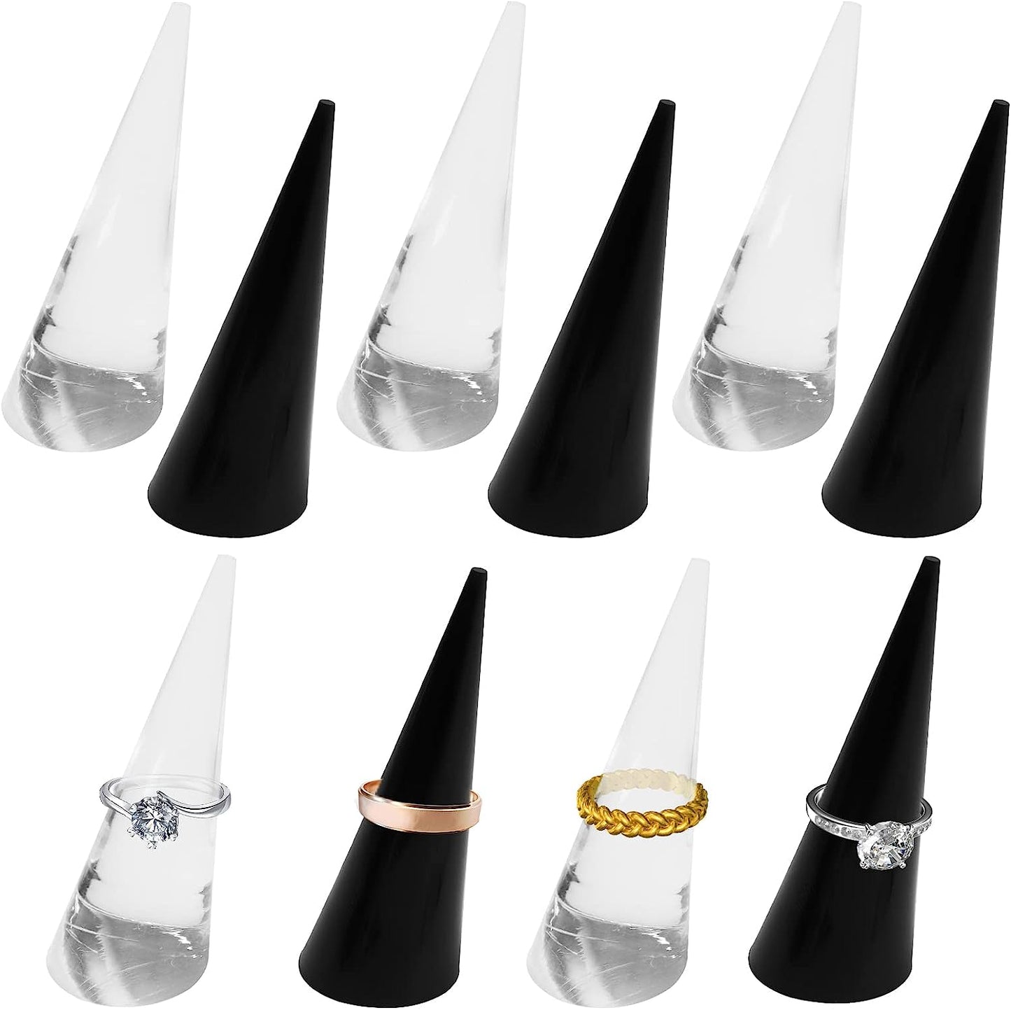 Zxmxzkx 10 Pack Clear Black Acrylic Crystal Ring Holder Ring Display Cone Holder Single Finger Rings Showcase Stand for Jewelry (Clear & Black)  Zxmxzkx   