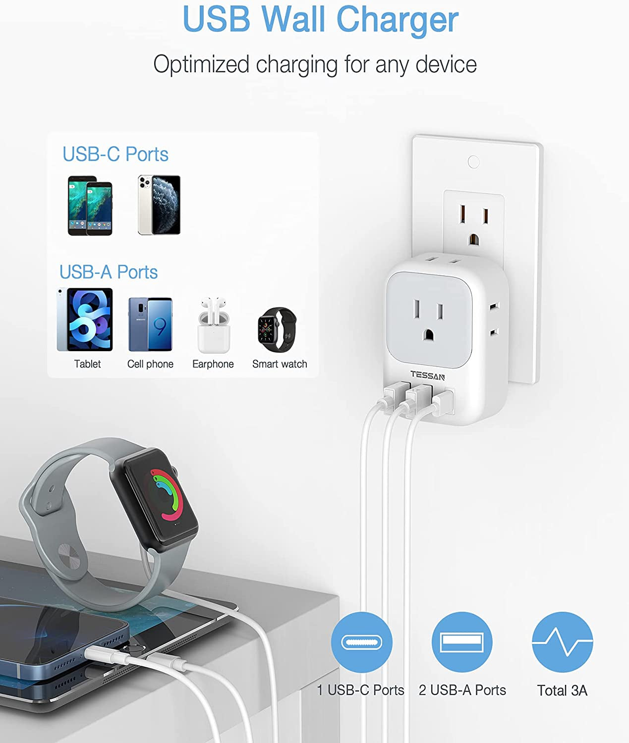 Wall Charger, USB Plug Adapter Outlet Extender, TESSAN 3 USB Ports(1 USB C Port), Multi Charging Station for Cruise, Bathroom, Office, Dorm Essentials  TESSAN   