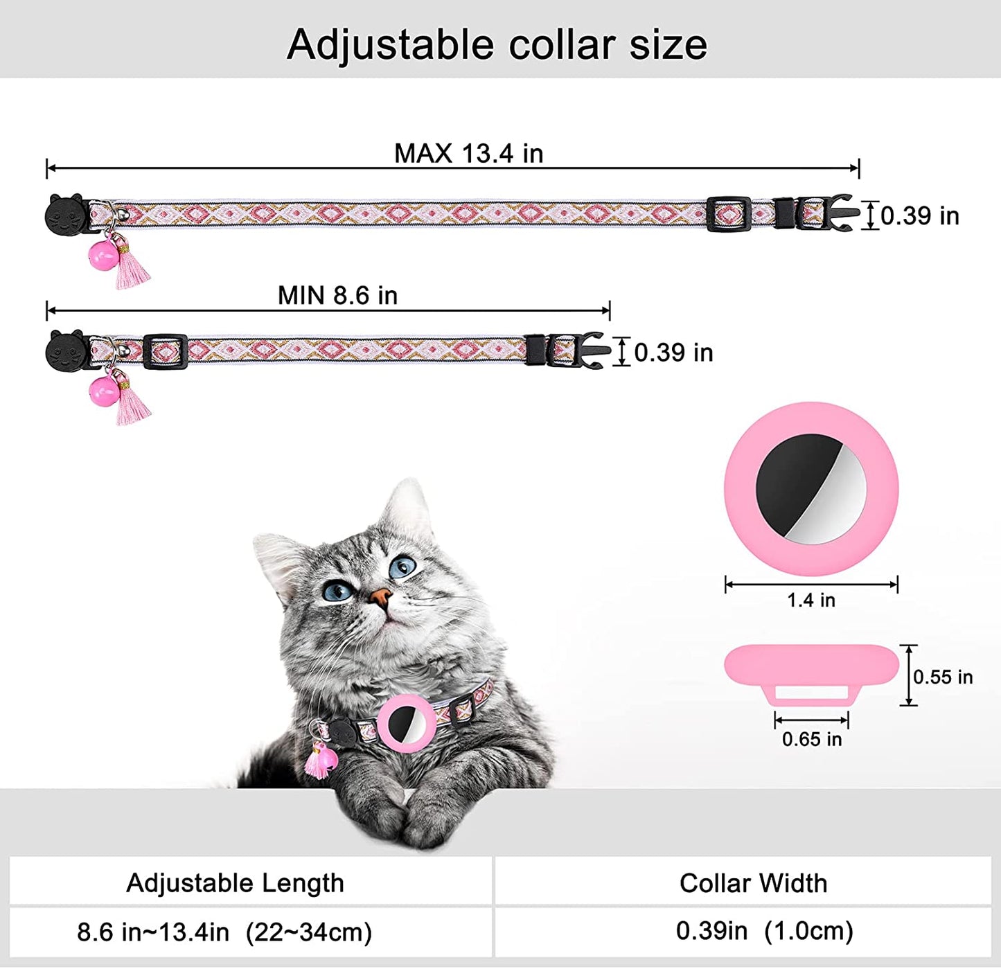 Airtag Cat Collar with Bell Adjustable Breakaway Kitten Collars:- Safety Buckle and Silicone Air Tag Holder Case Compatible with Apple Airtag Geometric Pattern Pet Collar (Pink)  OEBEESA   