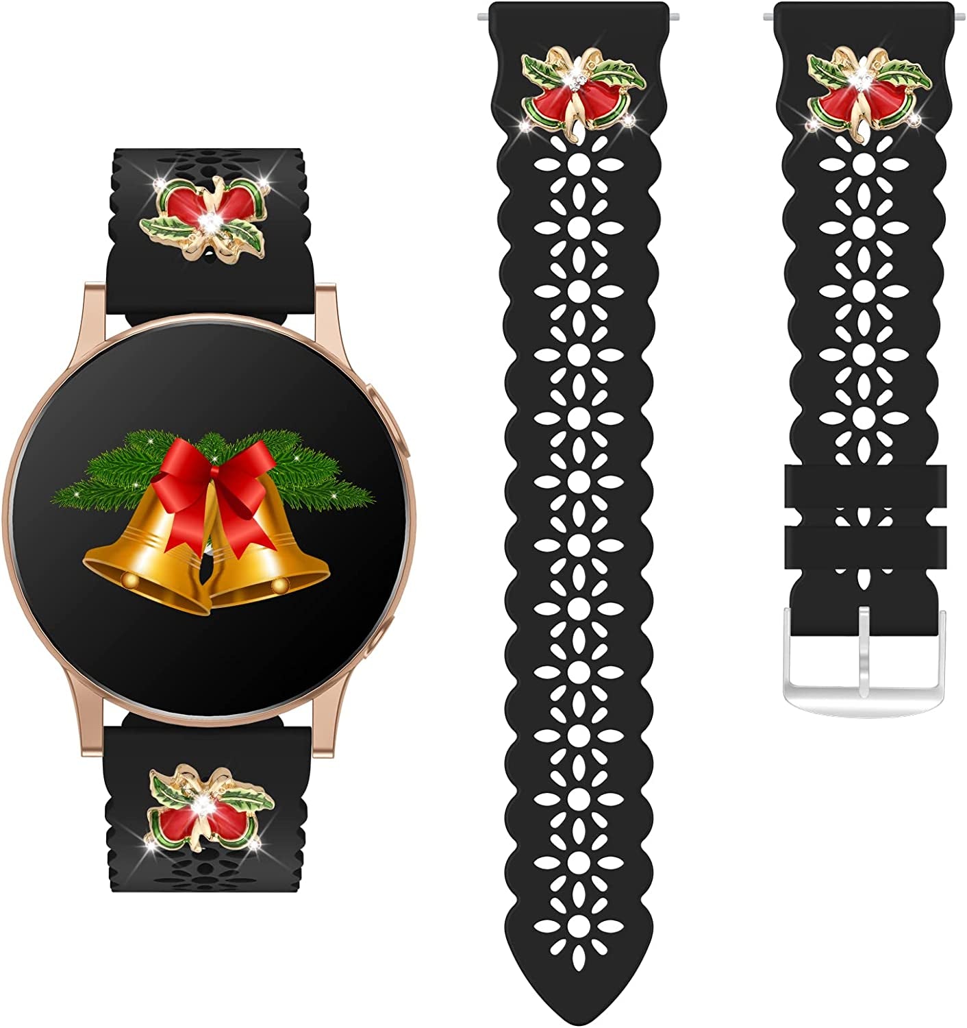 Lace Silicone Band 20Mm Compatible for Samsung Galaxy Watch 4 40Mm 44Mm/Watch 3 41Mm/Active 2 Watch Bands 40Mm 44Mm/Watch 4 Classic 42Mm 46Mm, Slim Bands Soft Smartwatch Strap for Women(Black)  Seizehe Black with Christmas bell charms  
