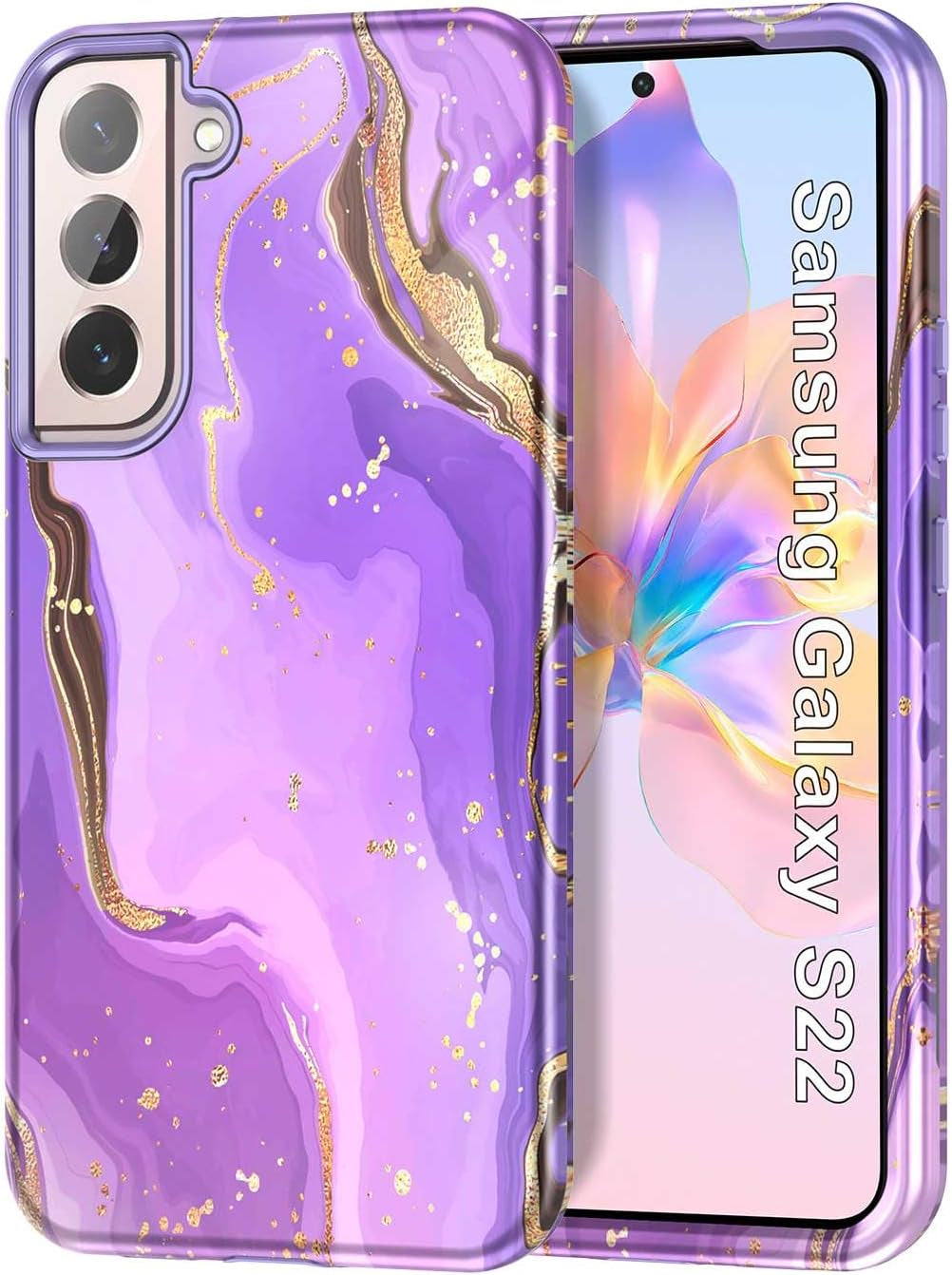 Btscase for Samsung Galaxy S22 5G Case,Marble Pattern 3 in 1 Heavy Duty Shockproof Full Body Rugged Hard Pc+Soft Silicone Drop Protective Women Girl Cover for Samsung Galaxy S22,Dreamland River/Purple  Btscase Purple Gold  